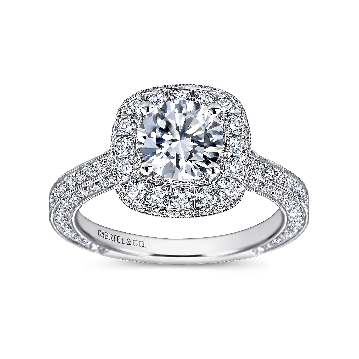 14k White Gold Diamond Pave Halo Milgrain and Channel Set Engagement Ring angle 5 14k White Gold Diamond Pave Halo Milgrain and Channel Set Engagement Ring angle 5
