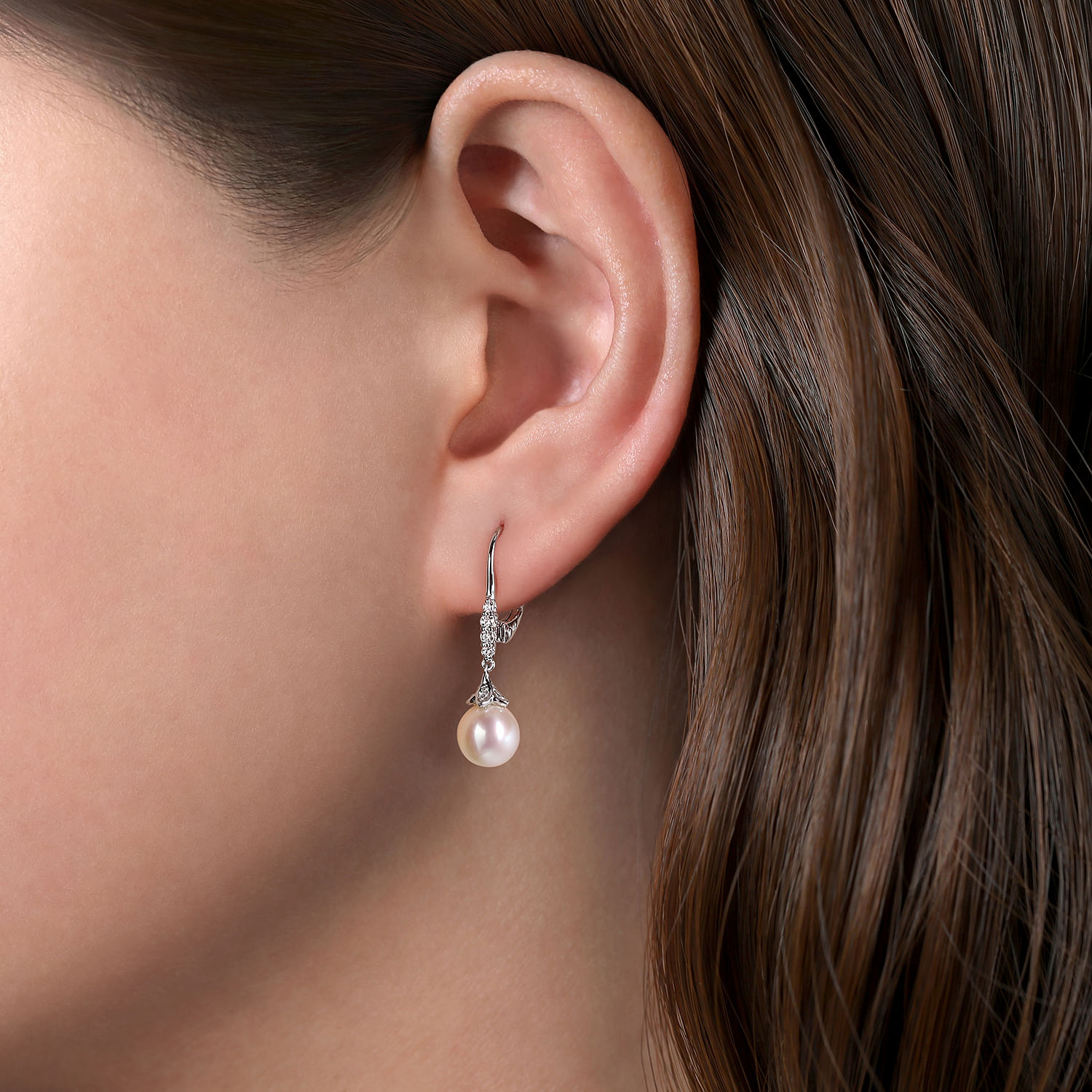 14k White Gold Diamond Pearl Drop Earrings angle 2 14k White Gold Diamond Pearl Drop Earrings angle 2