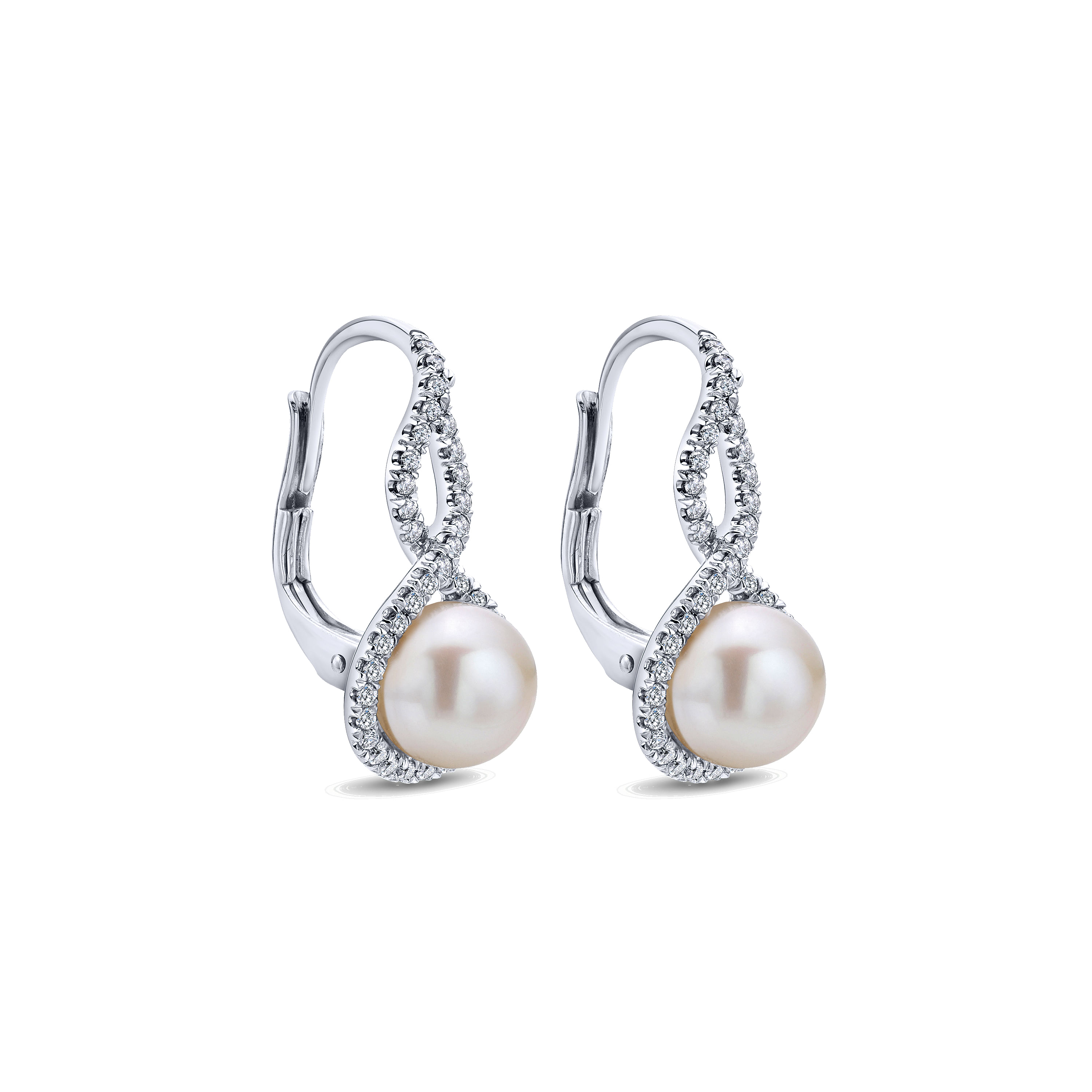 14k White Gold Diamond Pearl Drop Earrings angle 2 14k White Gold Diamond Pearl Drop Earrings angle 2