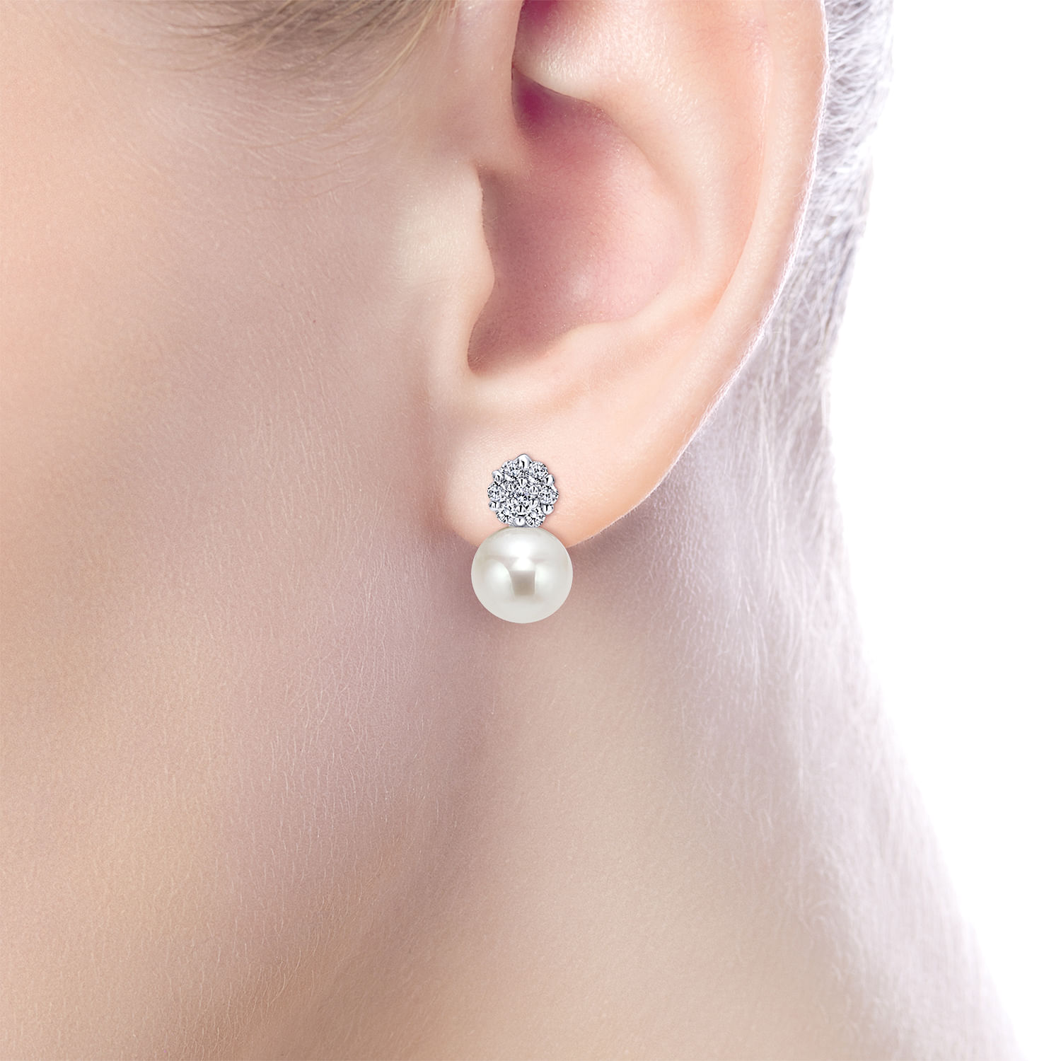 14k White Gold Diamond Pearl Drop Earrings angle 2 14k White Gold Diamond Pearl Drop Earrings angle 2