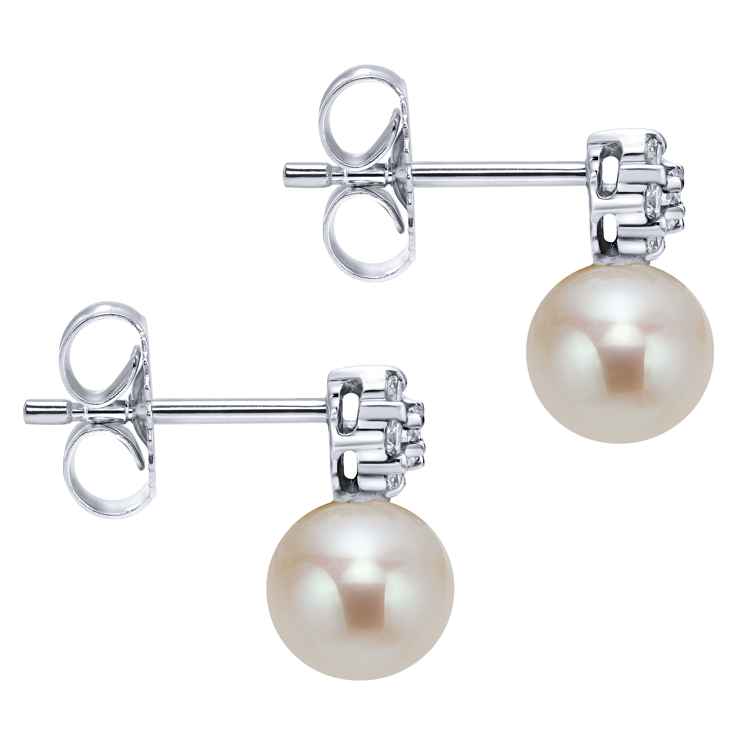 14k White Gold Diamond Pearl Drop Earrings angle 3 14k White Gold Diamond Pearl Drop Earrings angle 3
