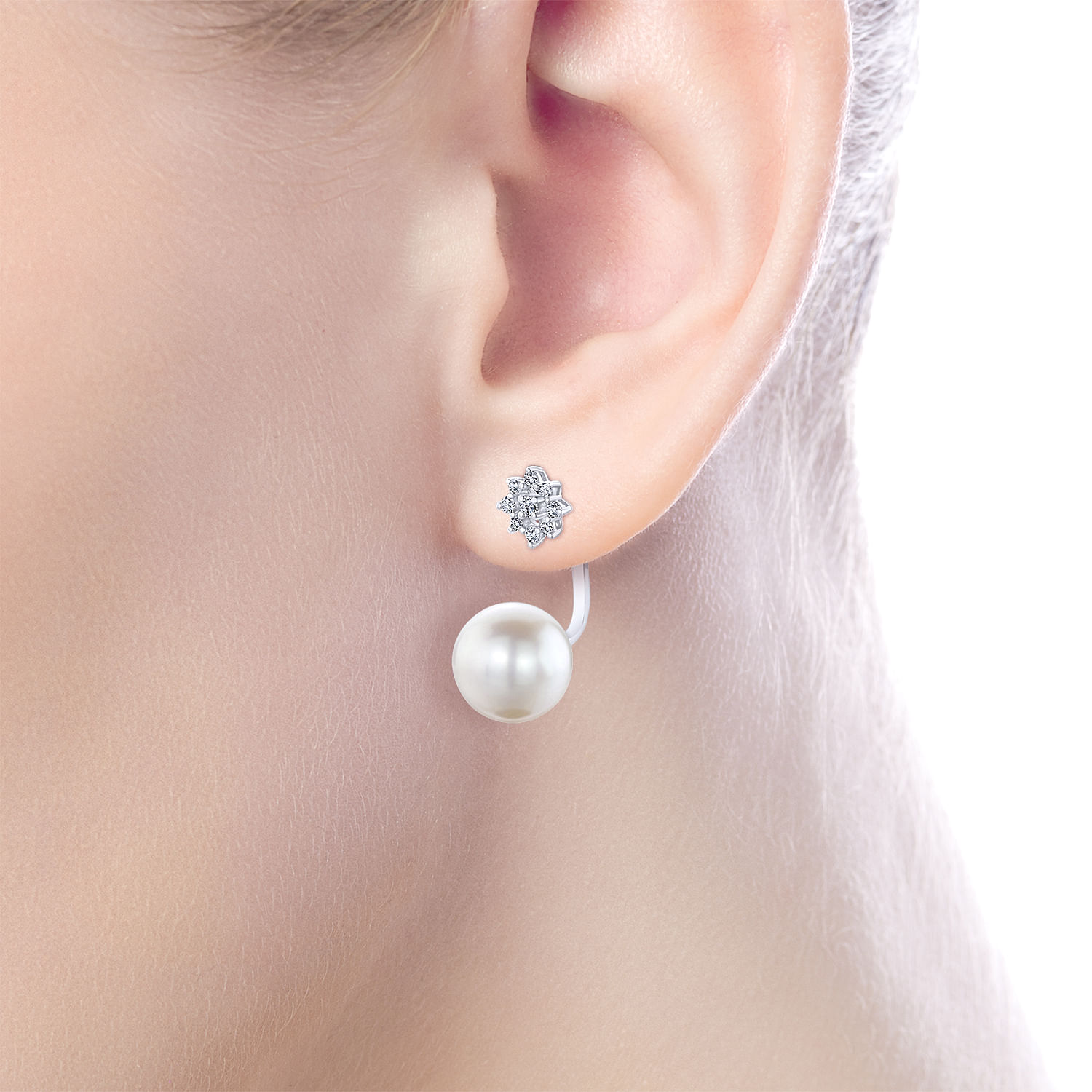 14k White Gold Diamond Pearl Peek A Boo Earrings angle 2 14k White Gold Diamond Pearl Peek A Boo Earrings angle 2