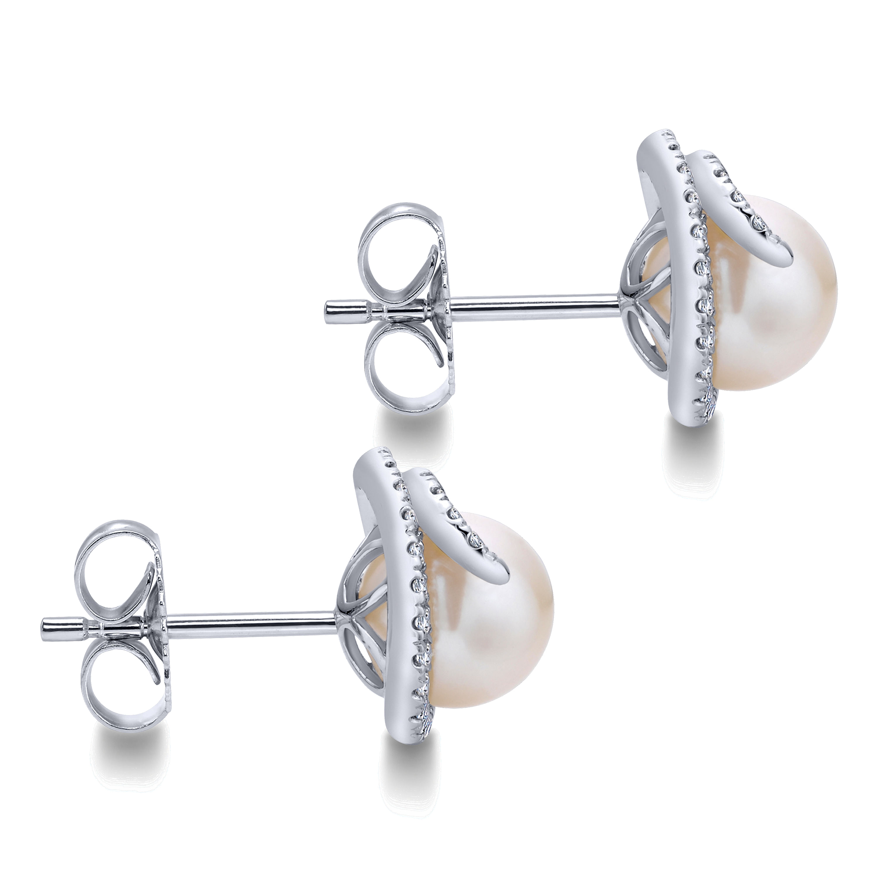 14k White Gold Diamond Pearl Stud Earrings angle 3 14k White Gold Diamond Pearl Stud Earrings angle 3