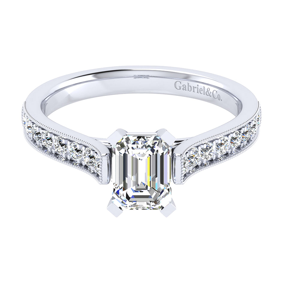 14k White Gold Emerald Cut Straight Engagement Ring angle 1 14k White Gold Emerald Cut Straight Engagement Ring angle 1