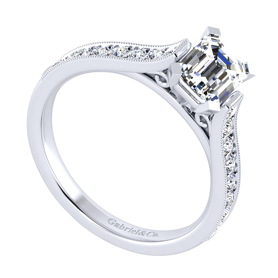 14k White Gold Emerald Cut Straight Engagement Ring angle 3 14k White Gold Emerald Cut Straight Engagement Ring angle 3