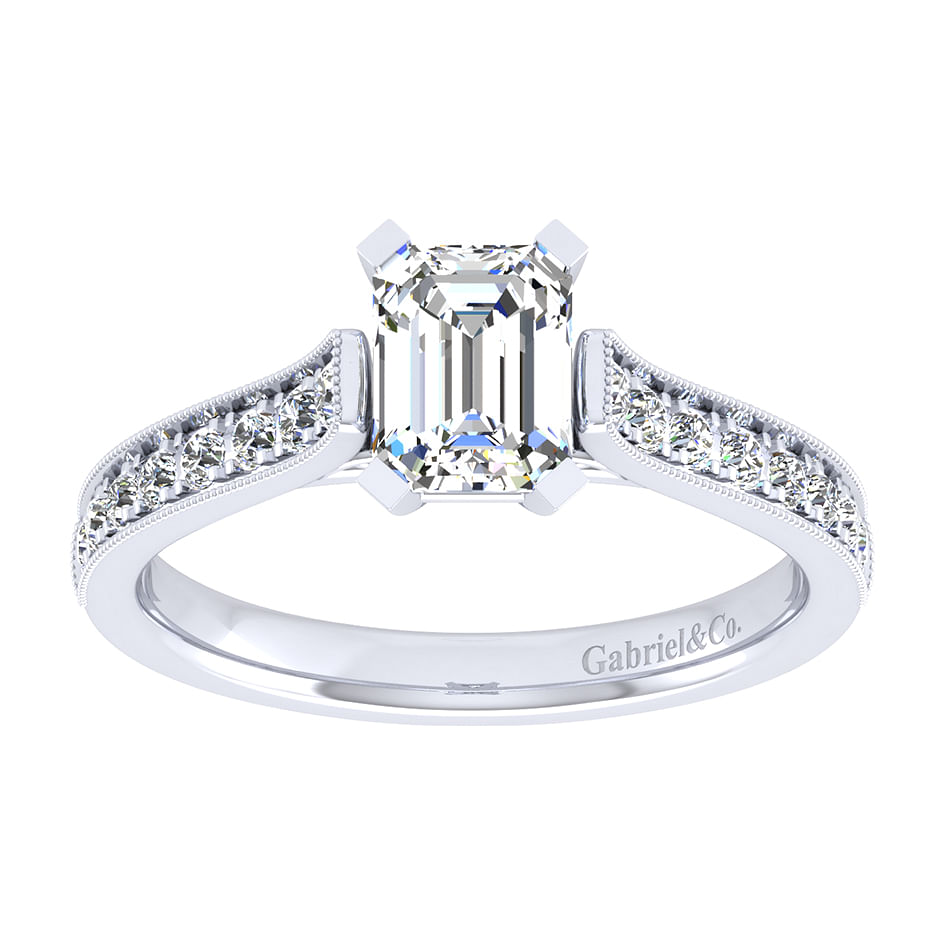 14k White Gold Emerald Cut Straight Engagement Ring angle 5 14k White Gold Emerald Cut Straight Engagement Ring angle 5