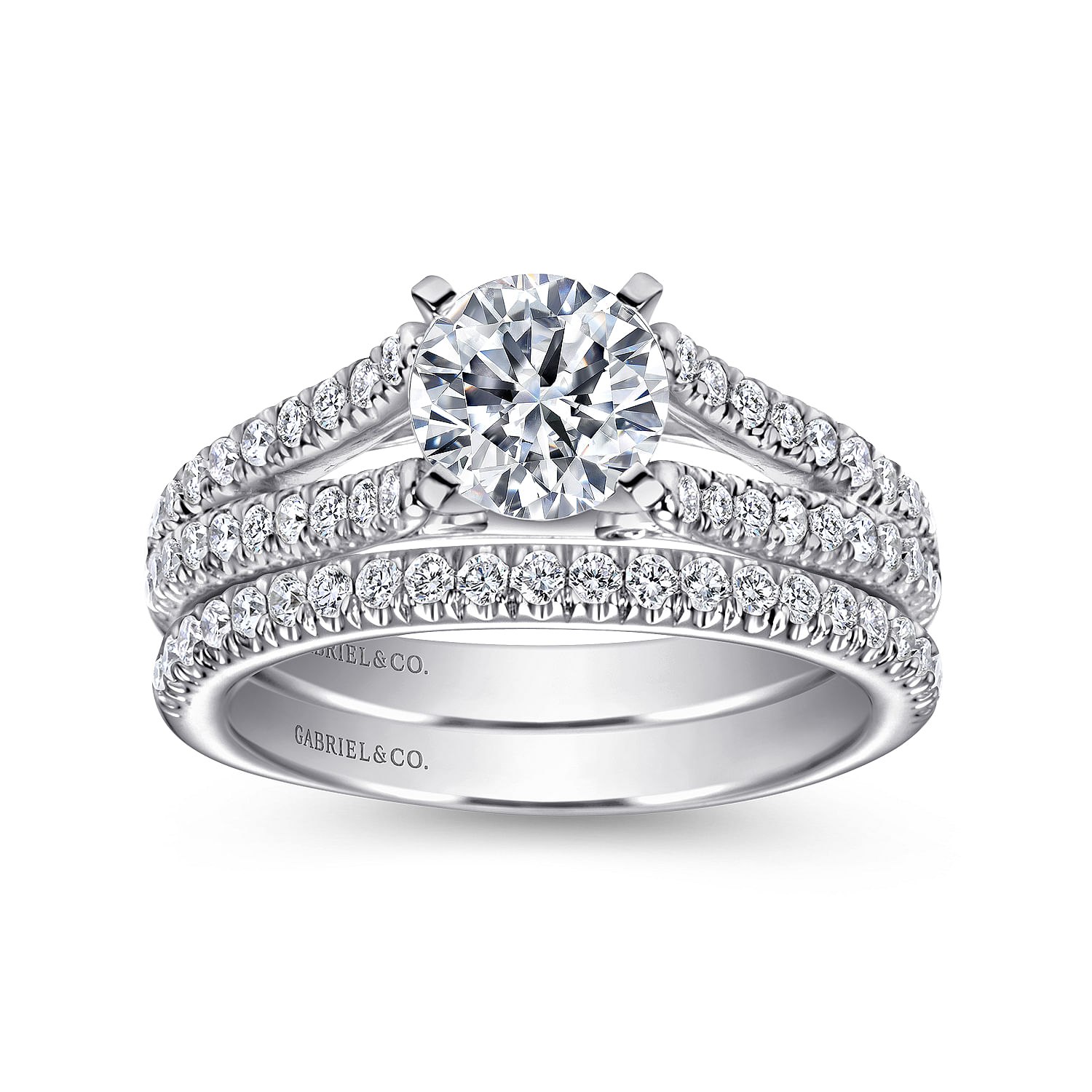 14k White Gold Pave Split Shank Diamond Engagement Ring with Round Center angle 4 14k White Gold Pave Split Shank Diamond Engagement Ring with Round Center angle 4