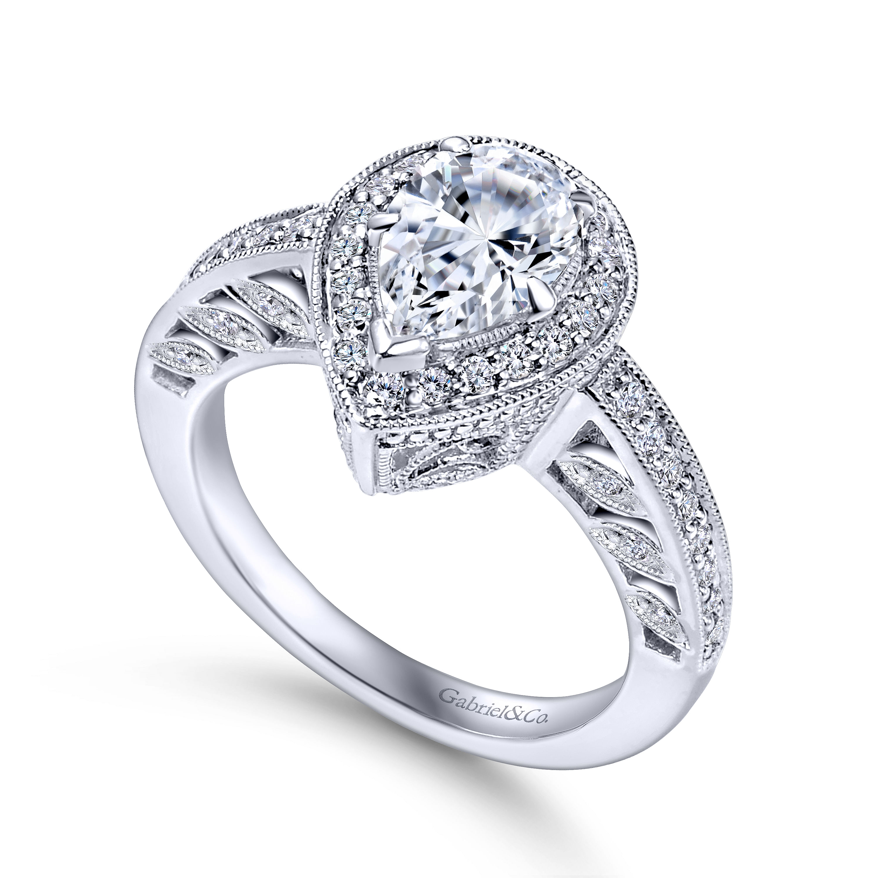 14k White Gold Pear Shape Halo Engagement Ring angle 3 14k White Gold Pear Shape Halo Engagement Ring angle 3