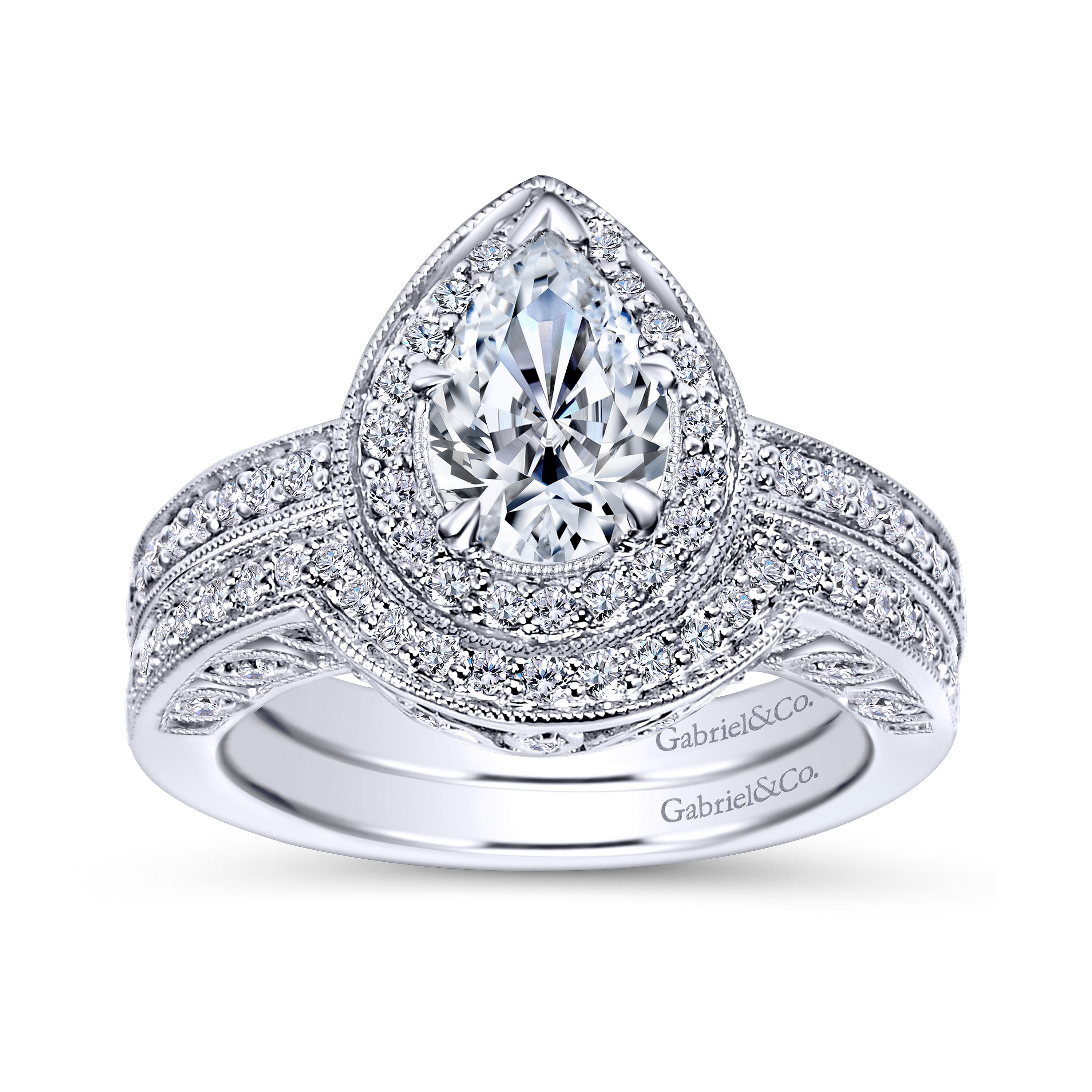 14k White Gold Pear Shape Halo Engagement Ring angle 4 14k White Gold Pear Shape Halo Engagement Ring angle 4