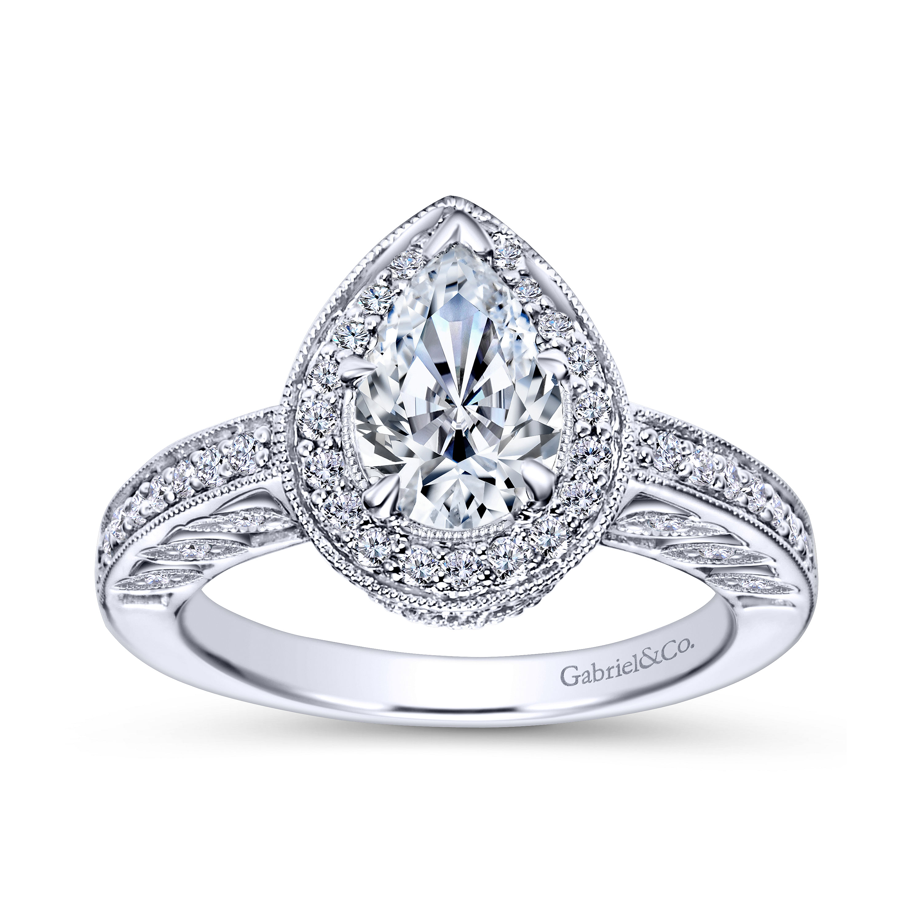 14k White Gold Pear Shape Halo Engagement Ring angle 5 14k White Gold Pear Shape Halo Engagement Ring angle 5