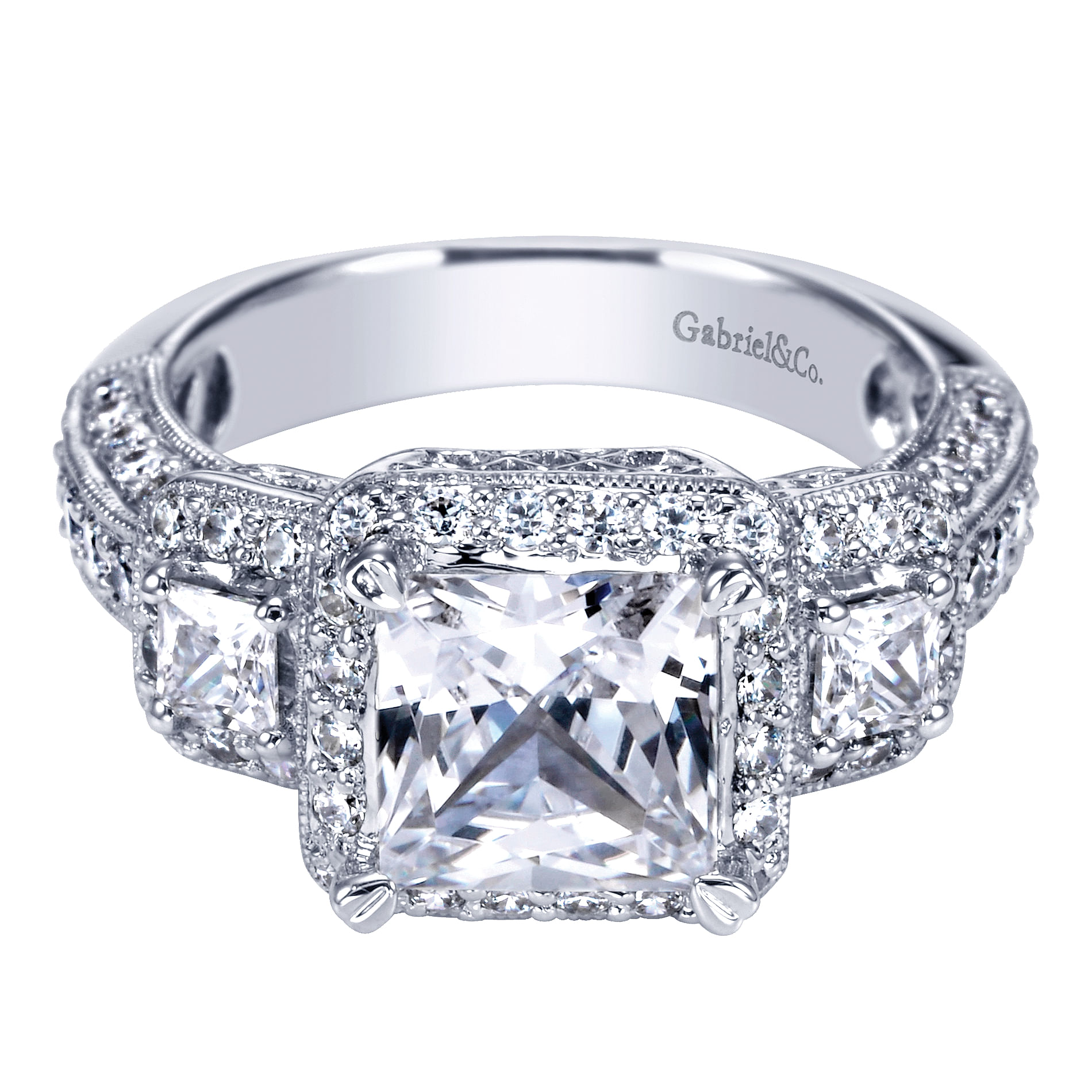 14k White Gold Princess Cut 3 Stones Halo Engagement Ring angle 1 14k White Gold Princess Cut 3 Stones Halo Engagement Ring angle 1