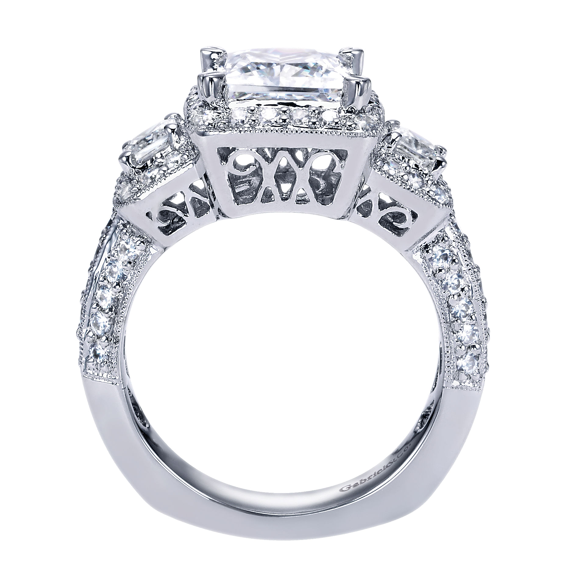 14k White Gold Princess Cut 3 Stones Halo Engagement Ring angle 2 14k White Gold Princess Cut 3 Stones Halo Engagement Ring angle 2