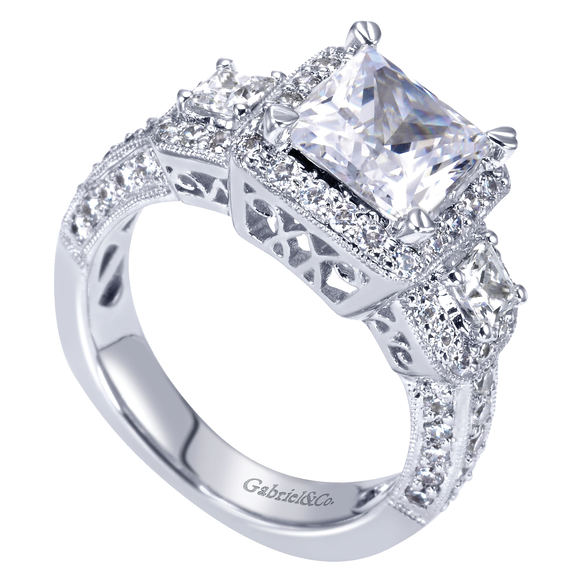14k White Gold Princess Cut 3 Stones Halo Engagement Ring angle 3 14k White Gold Princess Cut 3 Stones Halo Engagement Ring angle 3