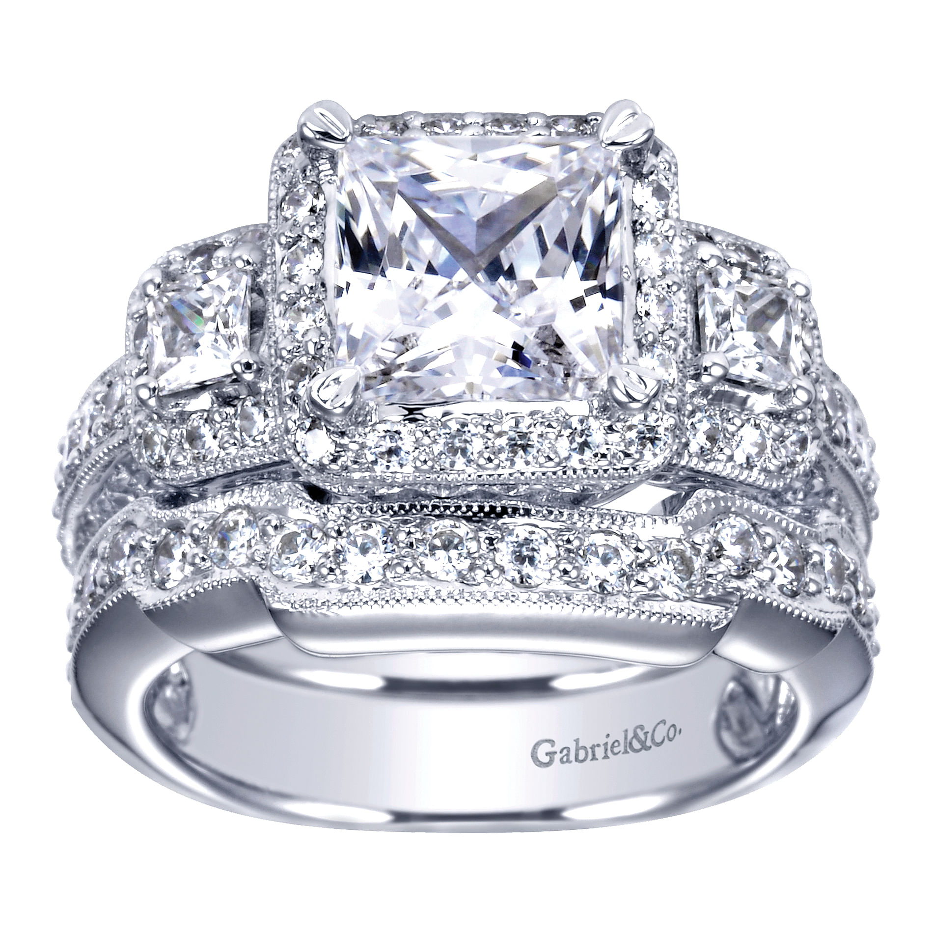 14k White Gold Princess Cut 3 Stones Halo Engagement Ring angle 4 14k White Gold Princess Cut 3 Stones Halo Engagement Ring angle 4