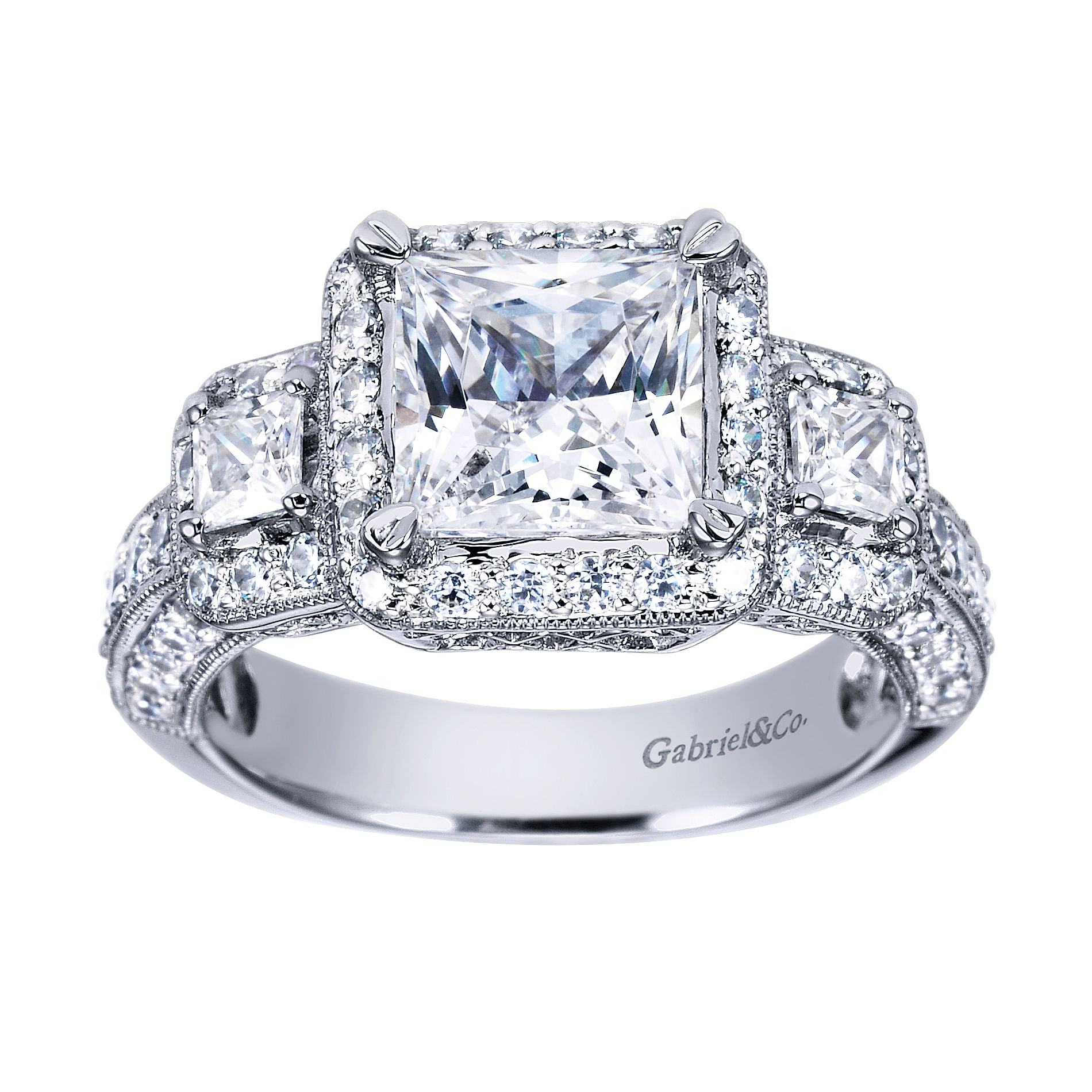 14k White Gold Princess Cut 3 Stones Halo Engagement Ring angle 5 14k White Gold Princess Cut 3 Stones Halo Engagement Ring angle 5