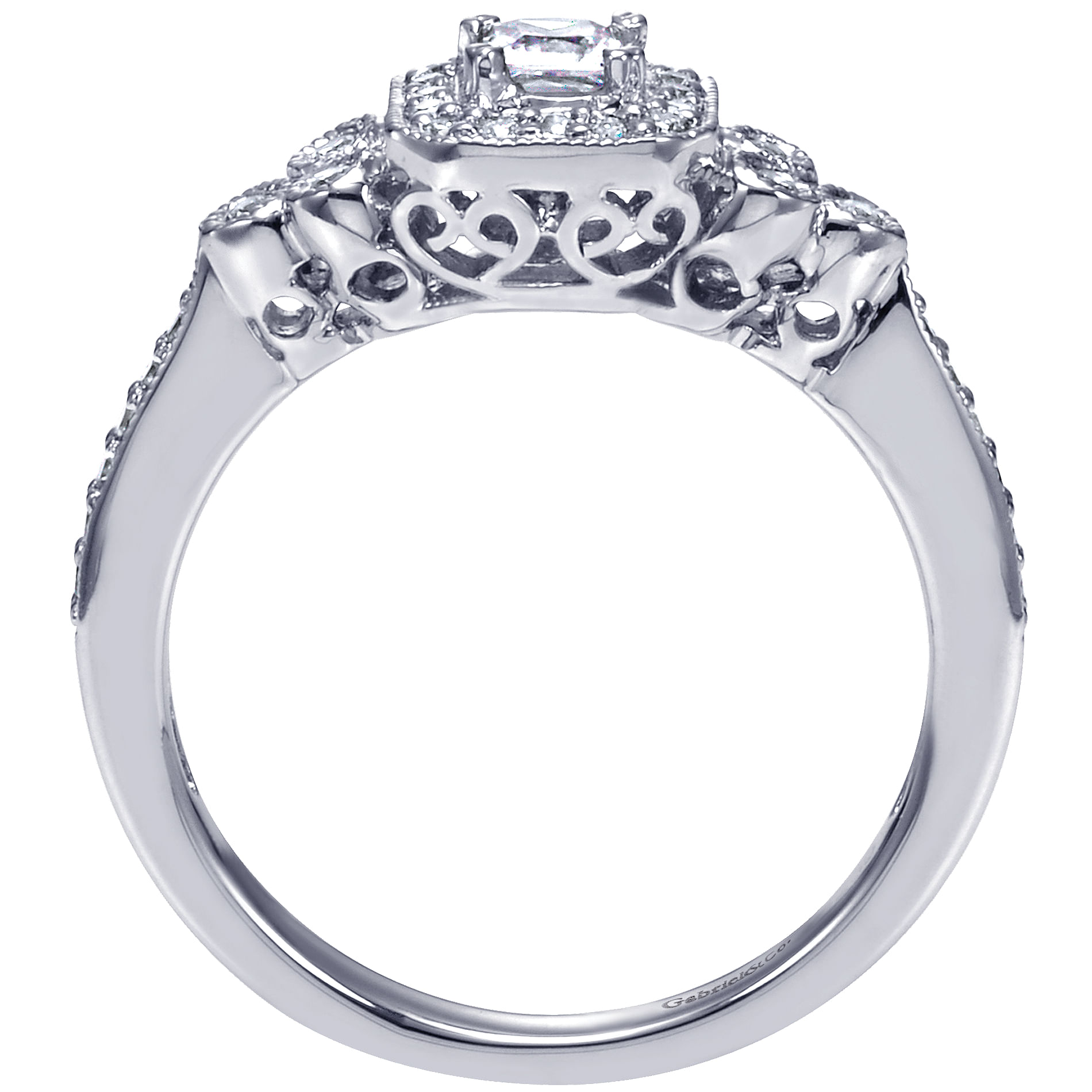 14k White Gold Princess Cut 3 Stones Halo Engagement Ring angle 2 14k White Gold Princess Cut 3 Stones Halo Engagement Ring angle 2