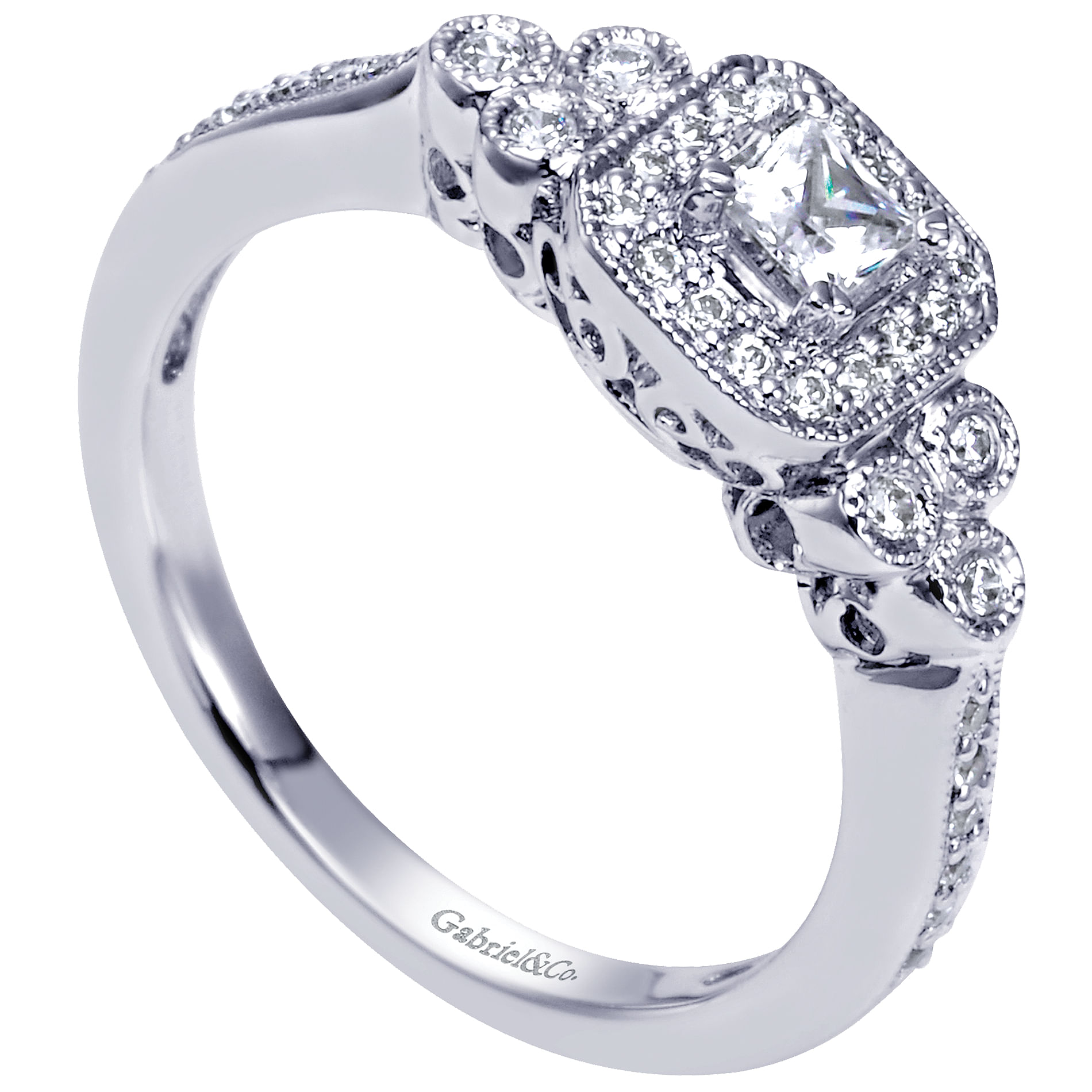 14k White Gold Princess Cut 3 Stones Halo Engagement Ring angle 3 14k White Gold Princess Cut 3 Stones Halo Engagement Ring angle 3