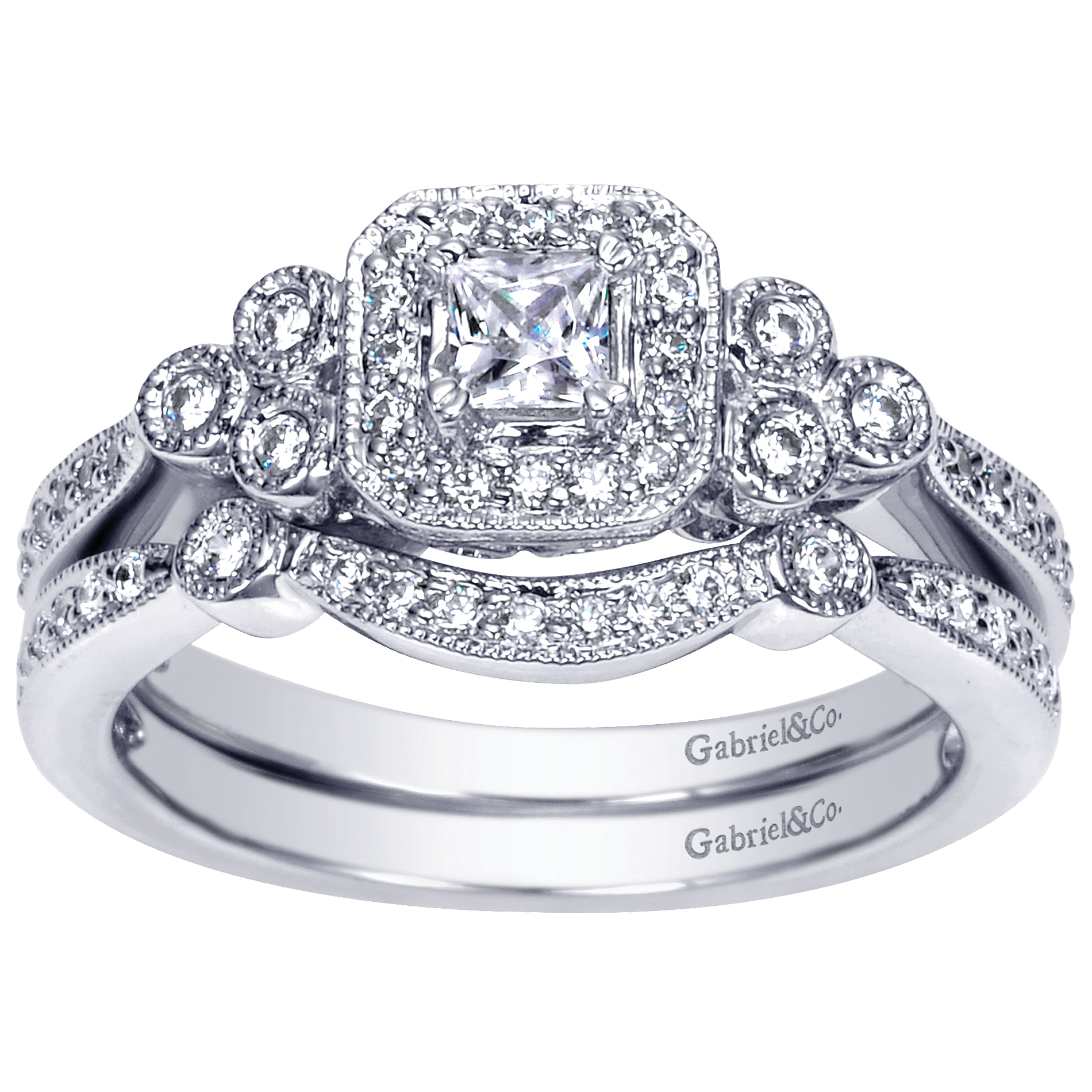 14k White Gold Princess Cut 3 Stones Halo Engagement Ring angle 4 14k White Gold Princess Cut 3 Stones Halo Engagement Ring angle 4