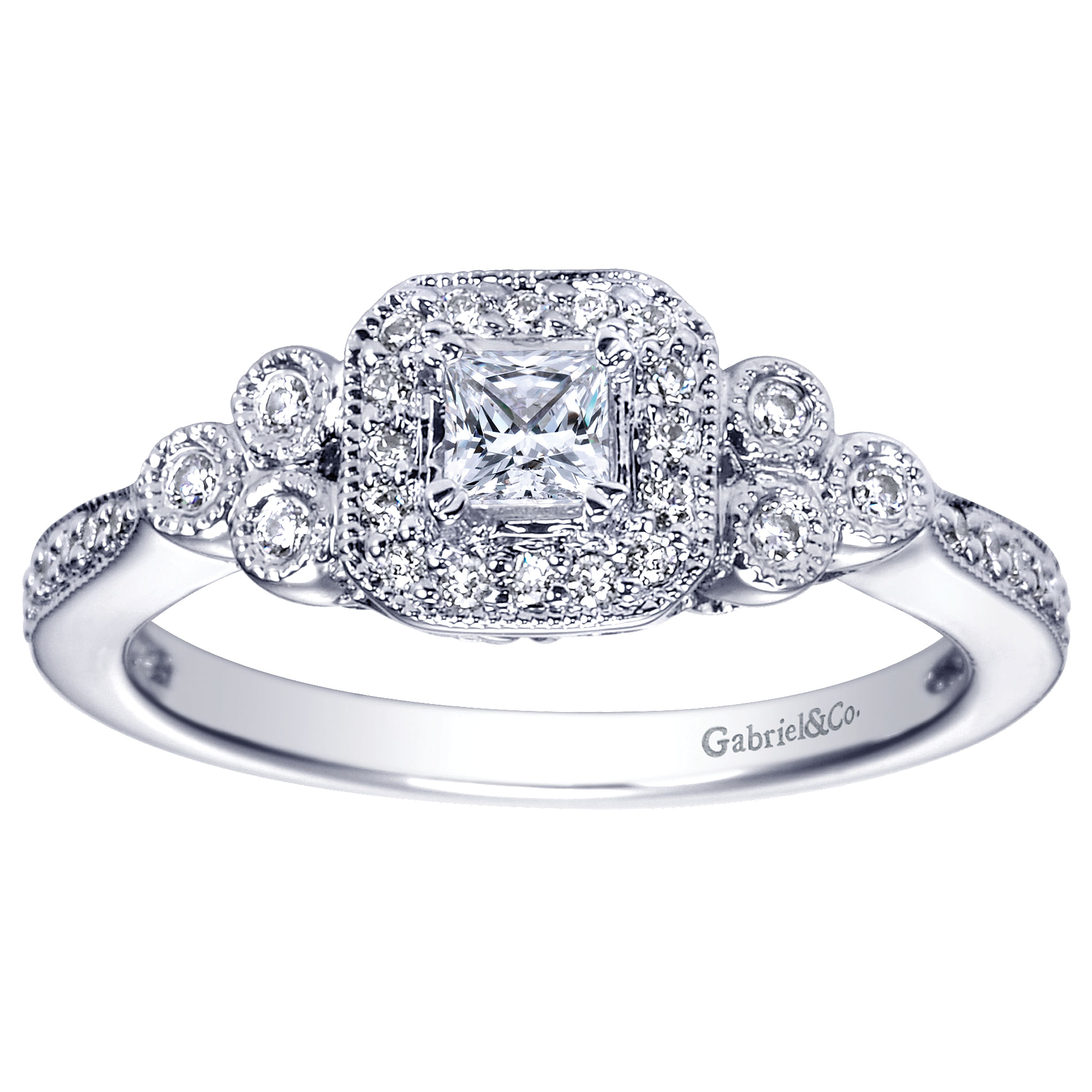 14k White Gold Princess Cut 3 Stones Halo Engagement Ring angle 5 14k White Gold Princess Cut 3 Stones Halo Engagement Ring angle 5