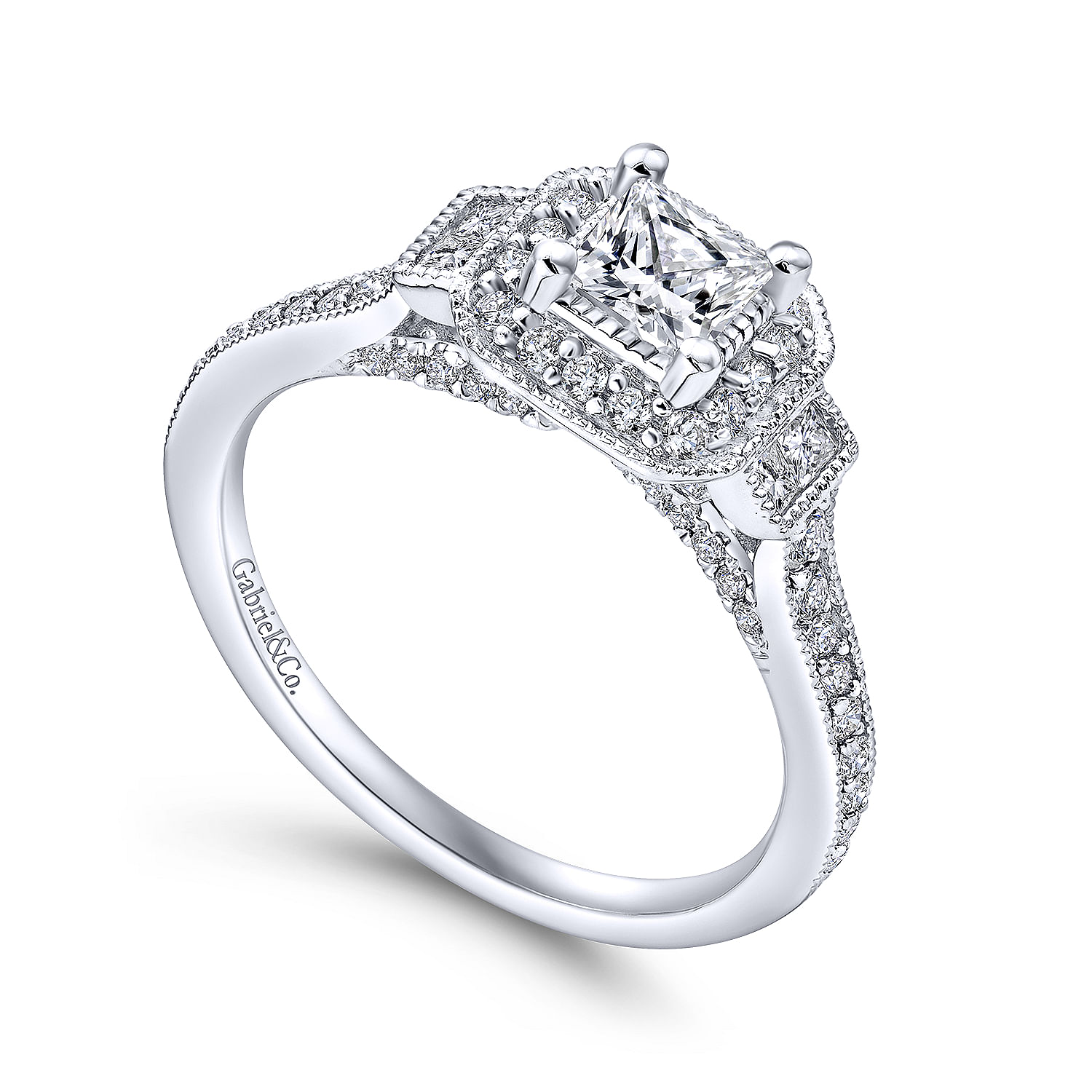 14k White Gold Princess Cut 3 Stones Halo Engagement Ring angle 3 14k White Gold Princess Cut 3 Stones Halo Engagement Ring angle 3