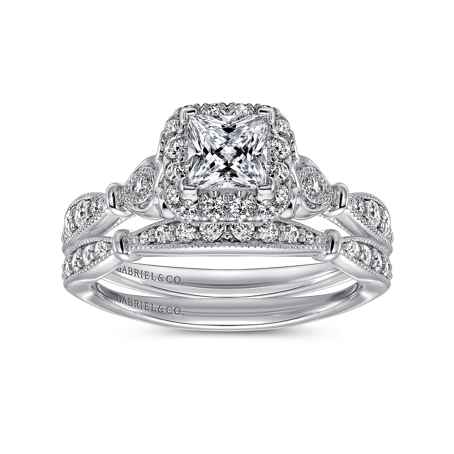 14k White Gold Princess Cut Halo Engagement Ring angle 4 14k White Gold Princess Cut Halo Engagement Ring angle 4