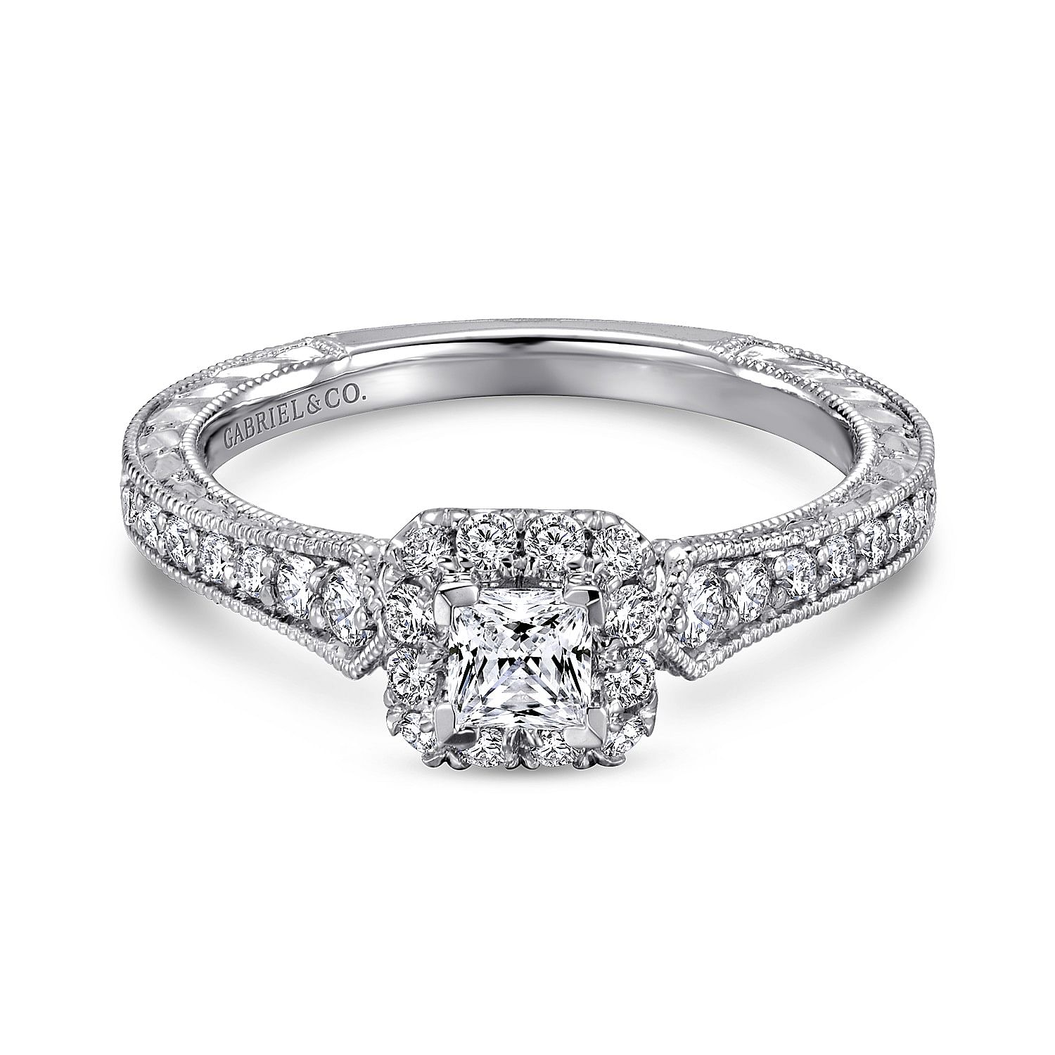 14k White Gold Princess Cut Halo Engagement Ring angle 1 14k White Gold Princess Cut Halo Engagement Ring angle 1