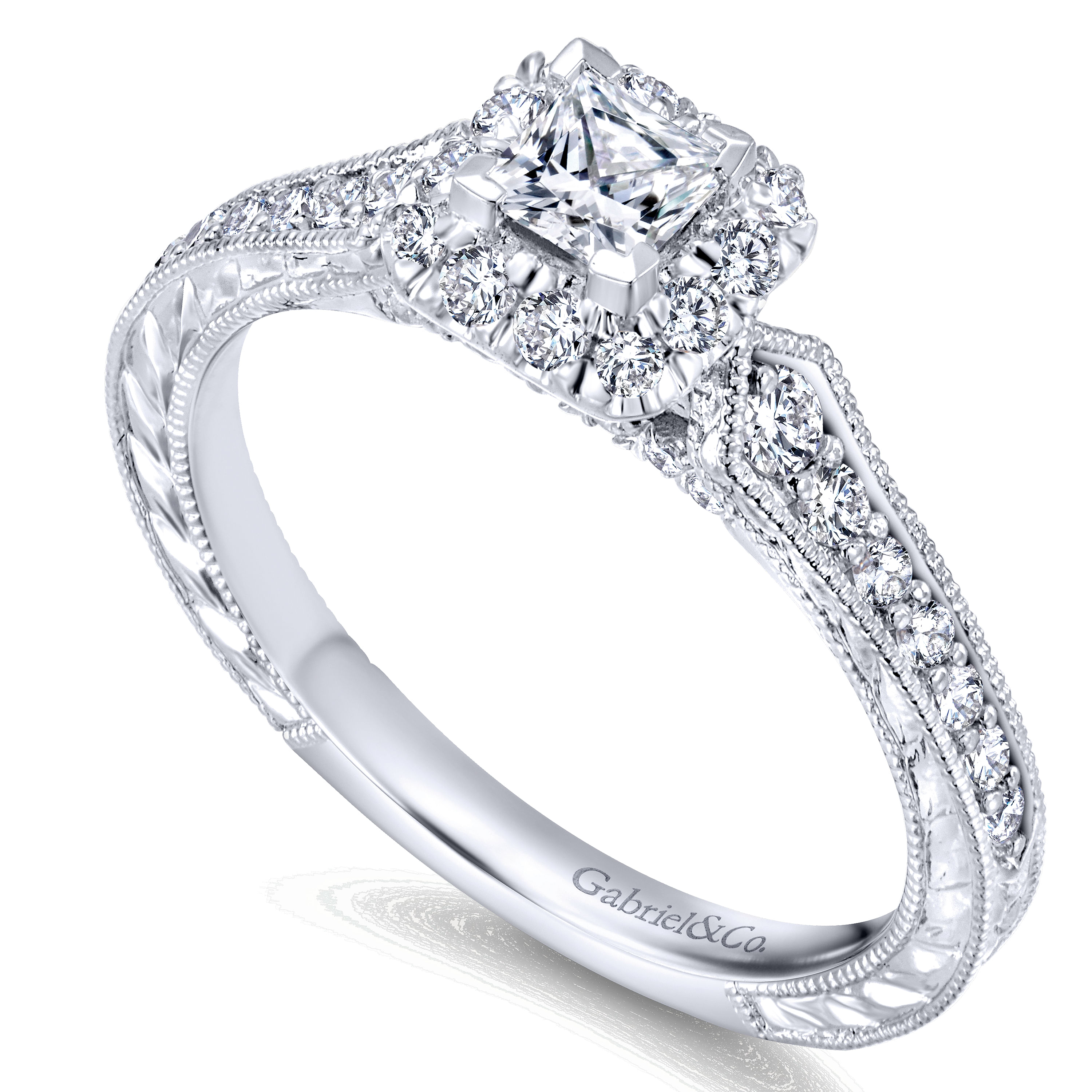 14k White Gold Princess Cut Halo Engagement Ring angle 3 14k White Gold Princess Cut Halo Engagement Ring angle 3