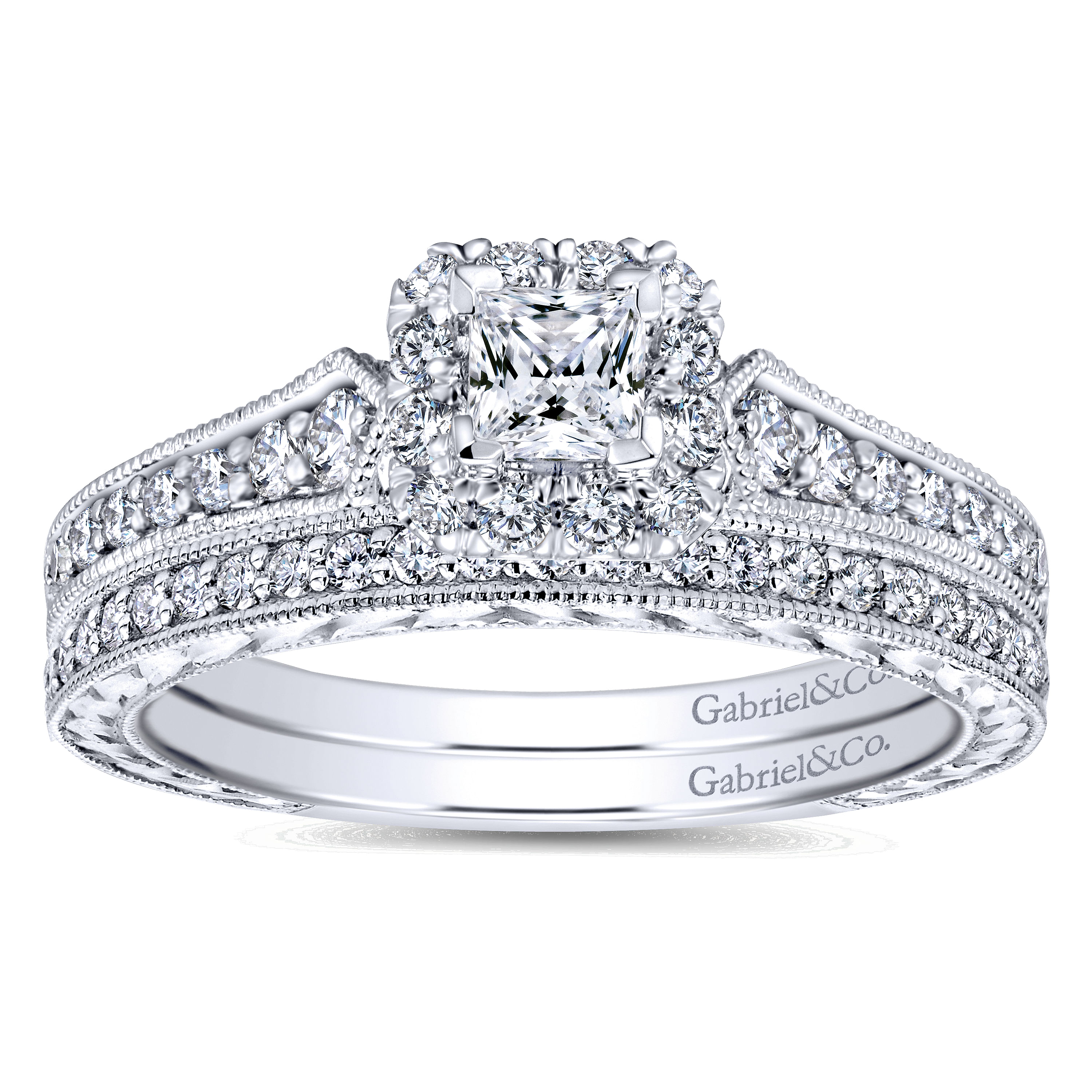 14k White Gold Princess Cut Halo Engagement Ring angle 4 14k White Gold Princess Cut Halo Engagement Ring angle 4