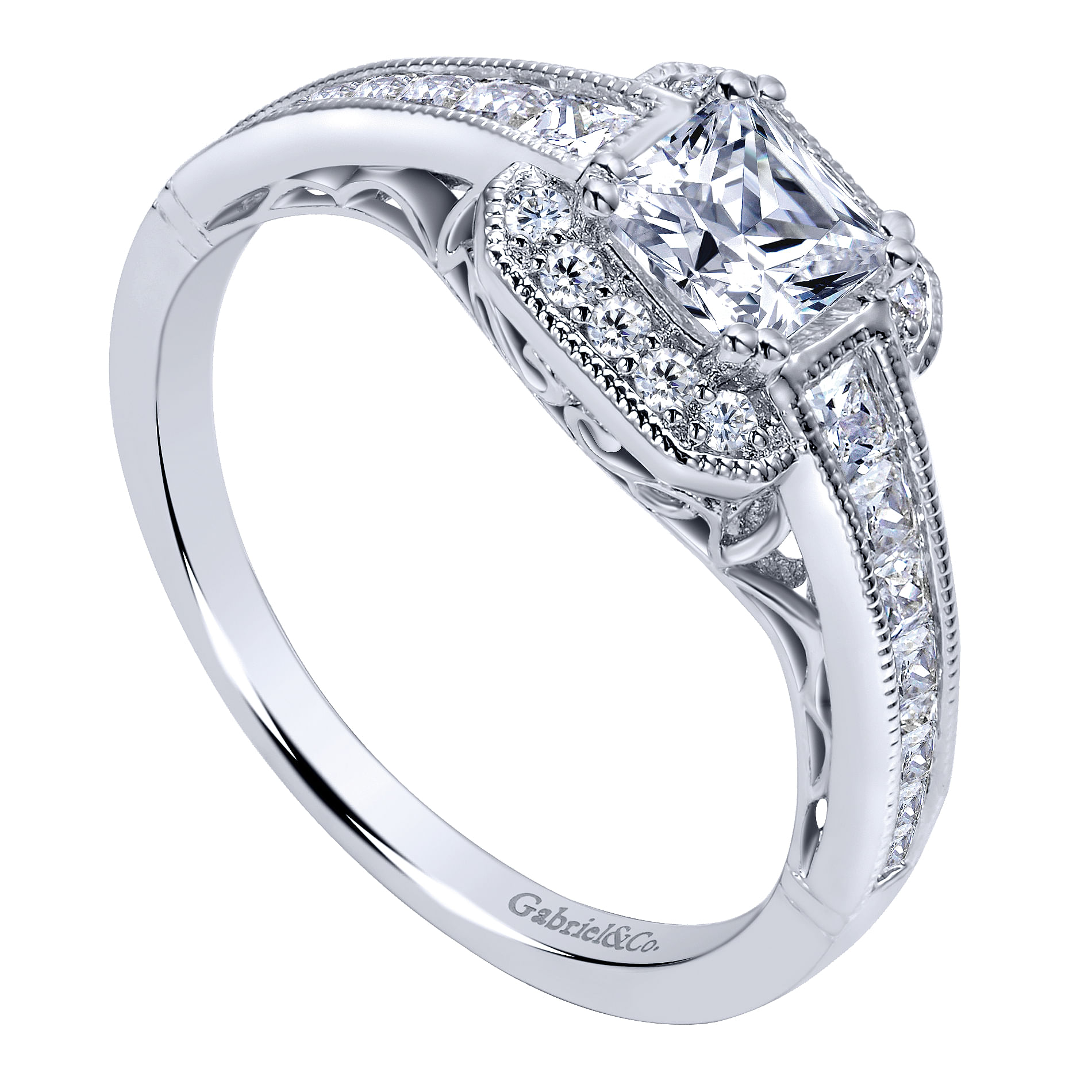 14k White Gold Princess Cut Halo Engagement Ring angle 3 14k White Gold Princess Cut Halo Engagement Ring angle 3