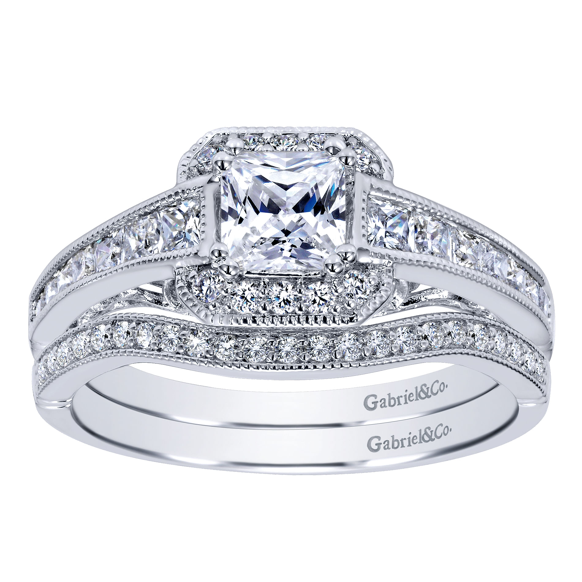 14k White Gold Princess Cut Halo Engagement Ring angle 4 14k White Gold Princess Cut Halo Engagement Ring angle 4