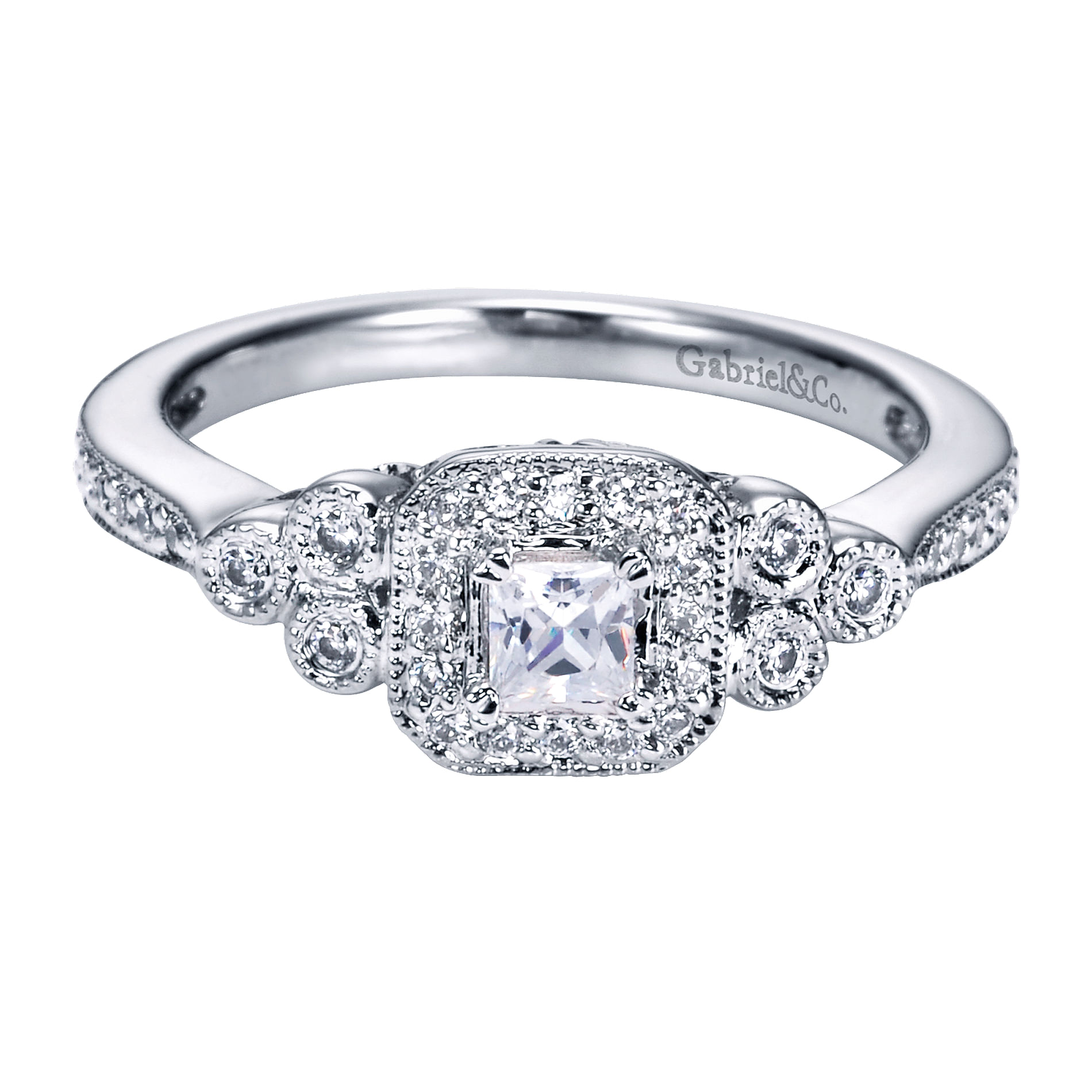 14k White Gold Princess Cut Halo Engagement Ring angle 1 14k White Gold Princess Cut Halo Engagement Ring angle 1
