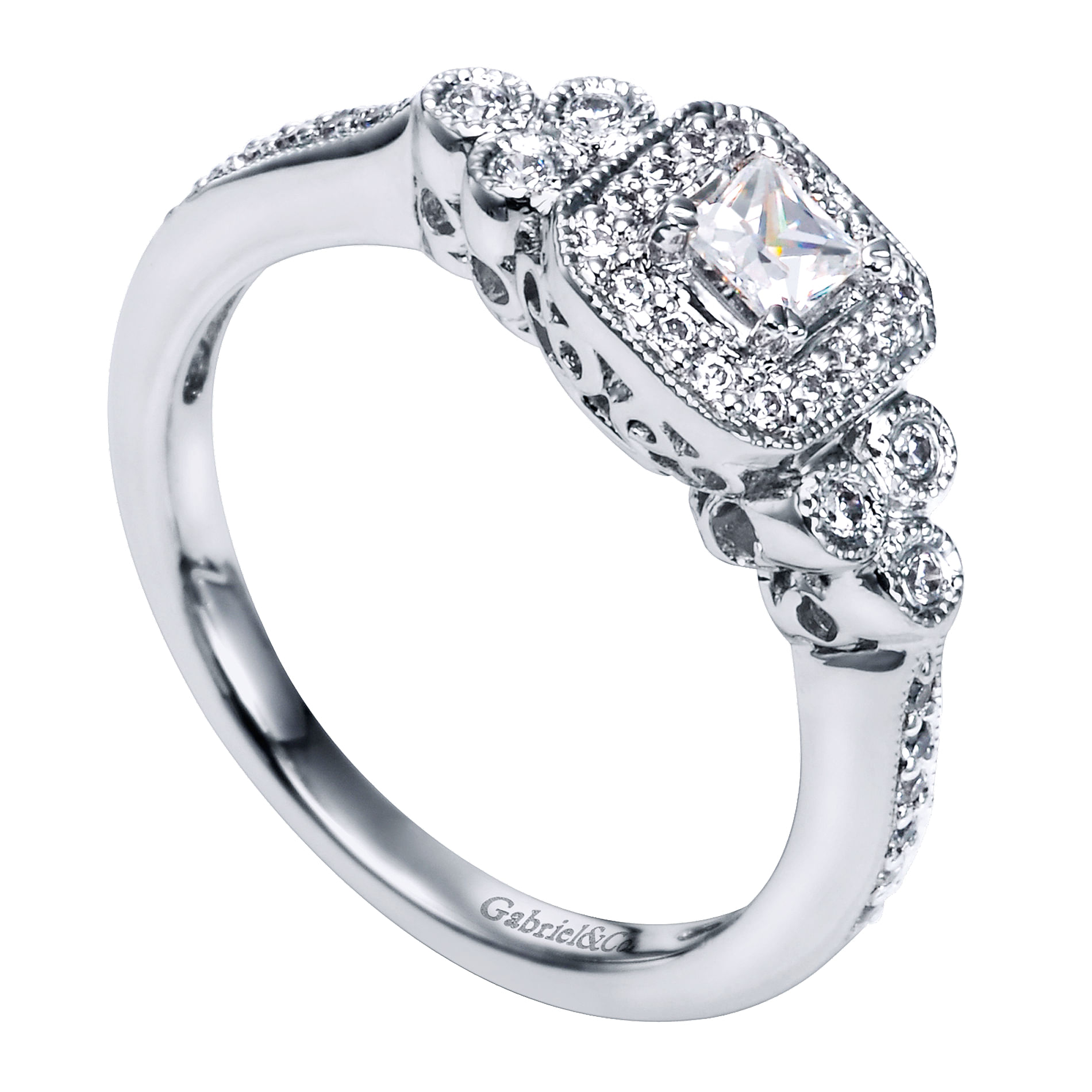 14k White Gold Princess Cut Halo Engagement Ring angle 3 14k White Gold Princess Cut Halo Engagement Ring angle 3