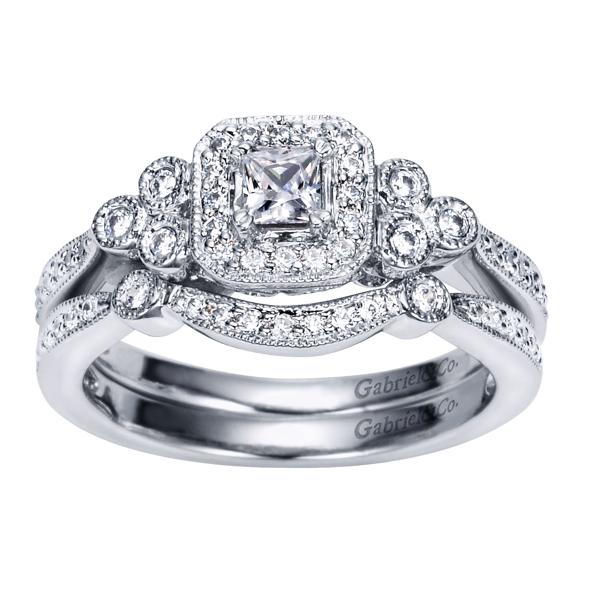 14k White Gold Princess Cut Halo Engagement Ring angle 4 14k White Gold Princess Cut Halo Engagement Ring angle 4