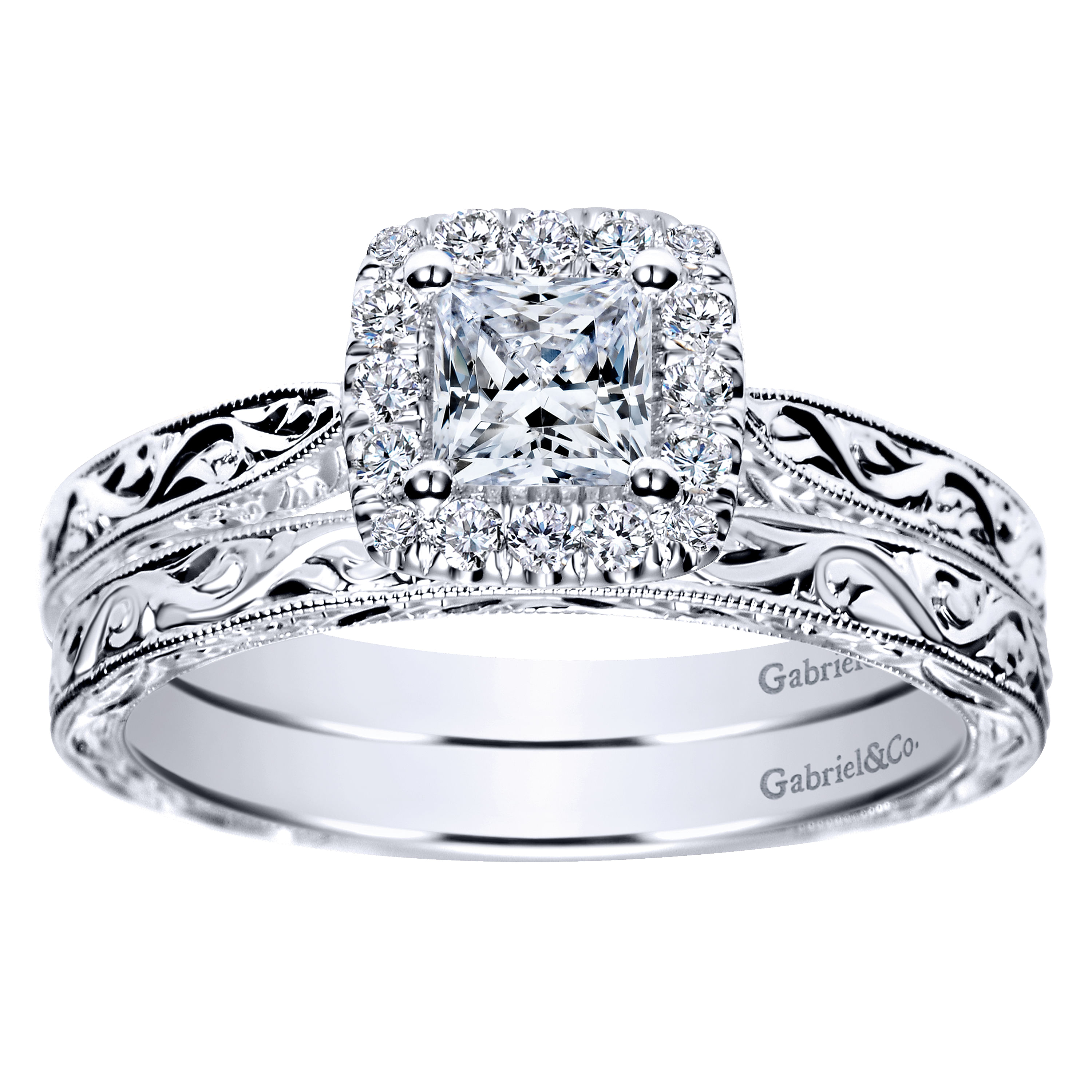 14k White Gold Princess Cut Halo Engagement Ring angle 4 14k White Gold Princess Cut Halo Engagement Ring angle 4