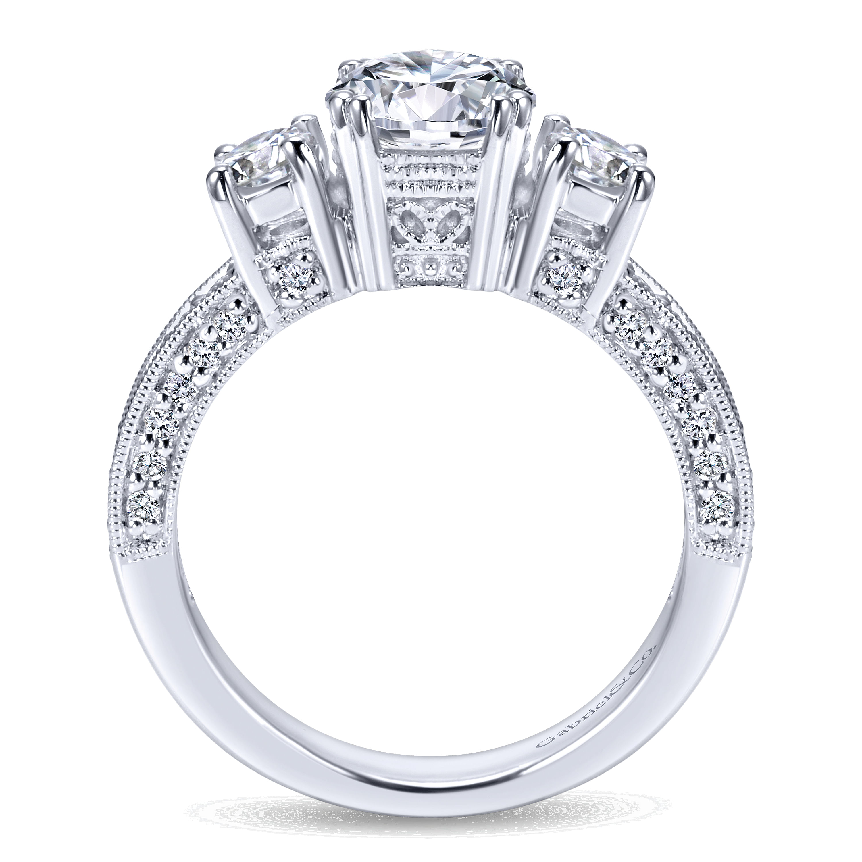14k White Gold Round 3 Stones Engagement Ring angle 2 14k White Gold Round 3 Stones Engagement Ring angle 2