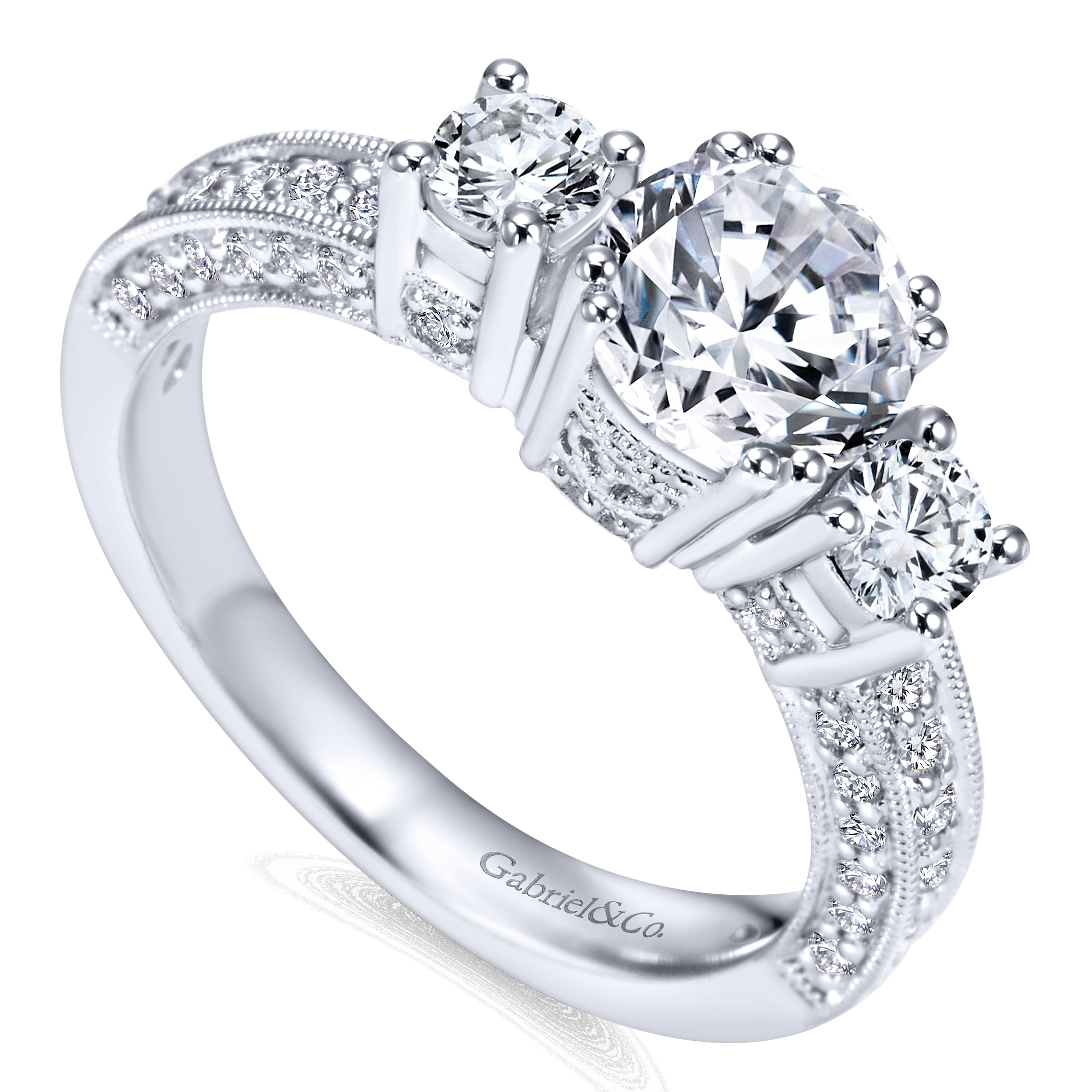 14k White Gold Round 3 Stones Engagement Ring angle 3 14k White Gold Round 3 Stones Engagement Ring angle 3