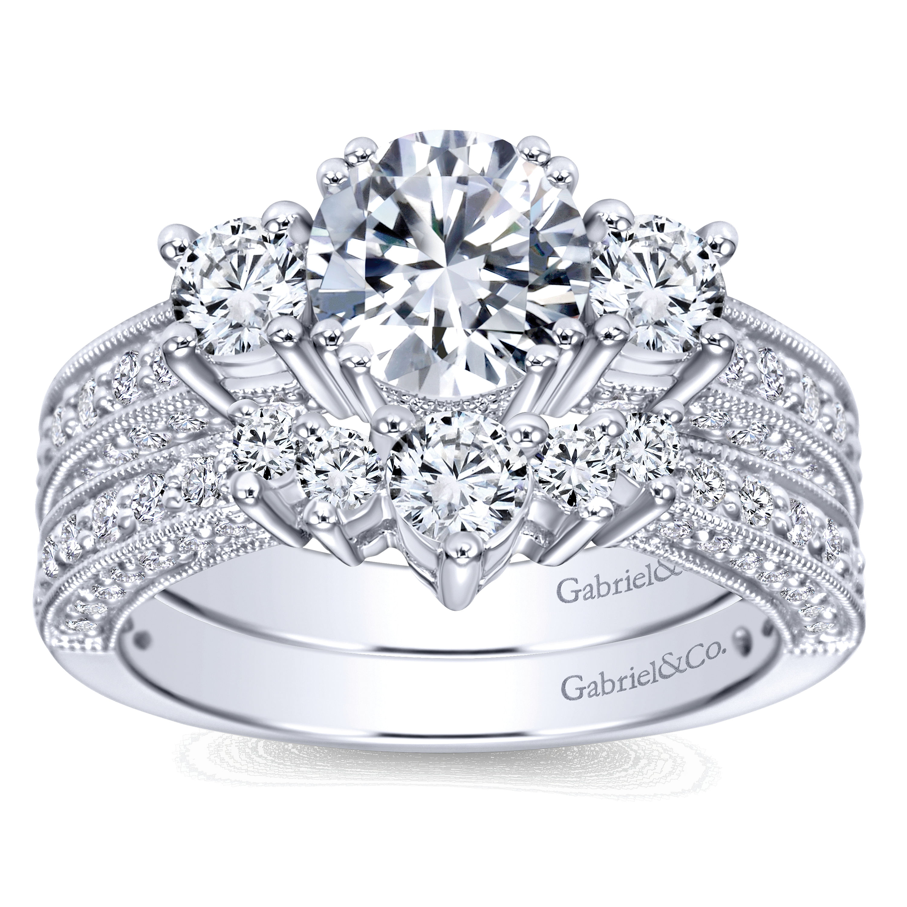 14k White Gold Round 3 Stones Engagement Ring angle 4 14k White Gold Round 3 Stones Engagement Ring angle 4