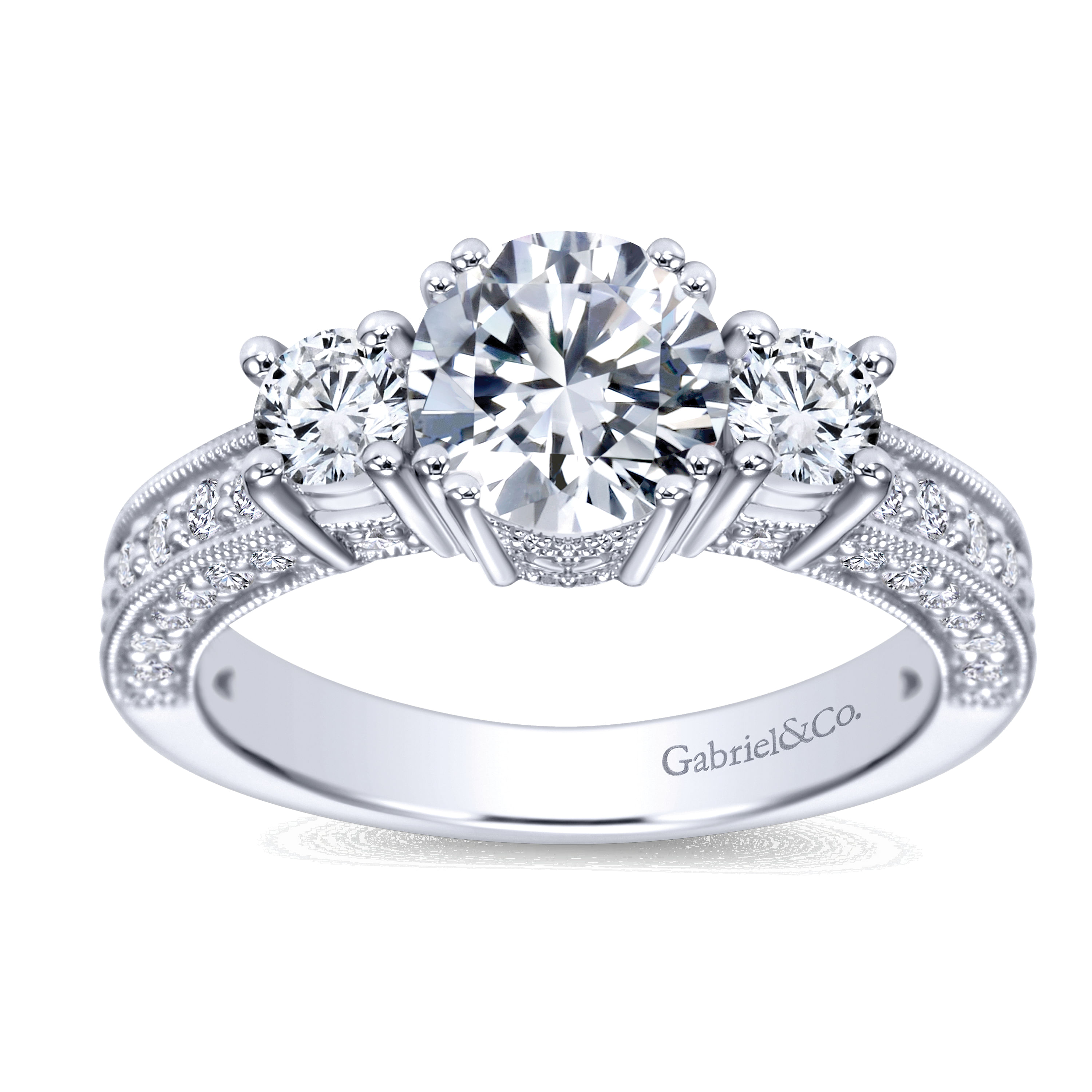 14k White Gold Round 3 Stones Engagement Ring angle 5 14k White Gold Round 3 Stones Engagement Ring angle 5