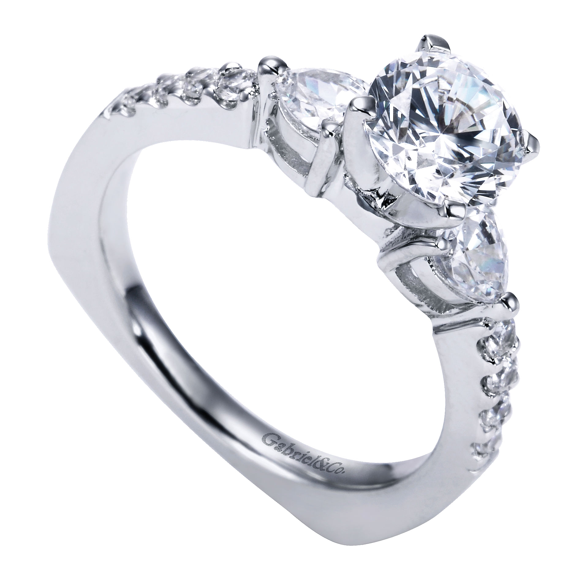 14k White Gold Round 3 Stones Engagement Ring angle 3 14k White Gold Round 3 Stones Engagement Ring angle 3