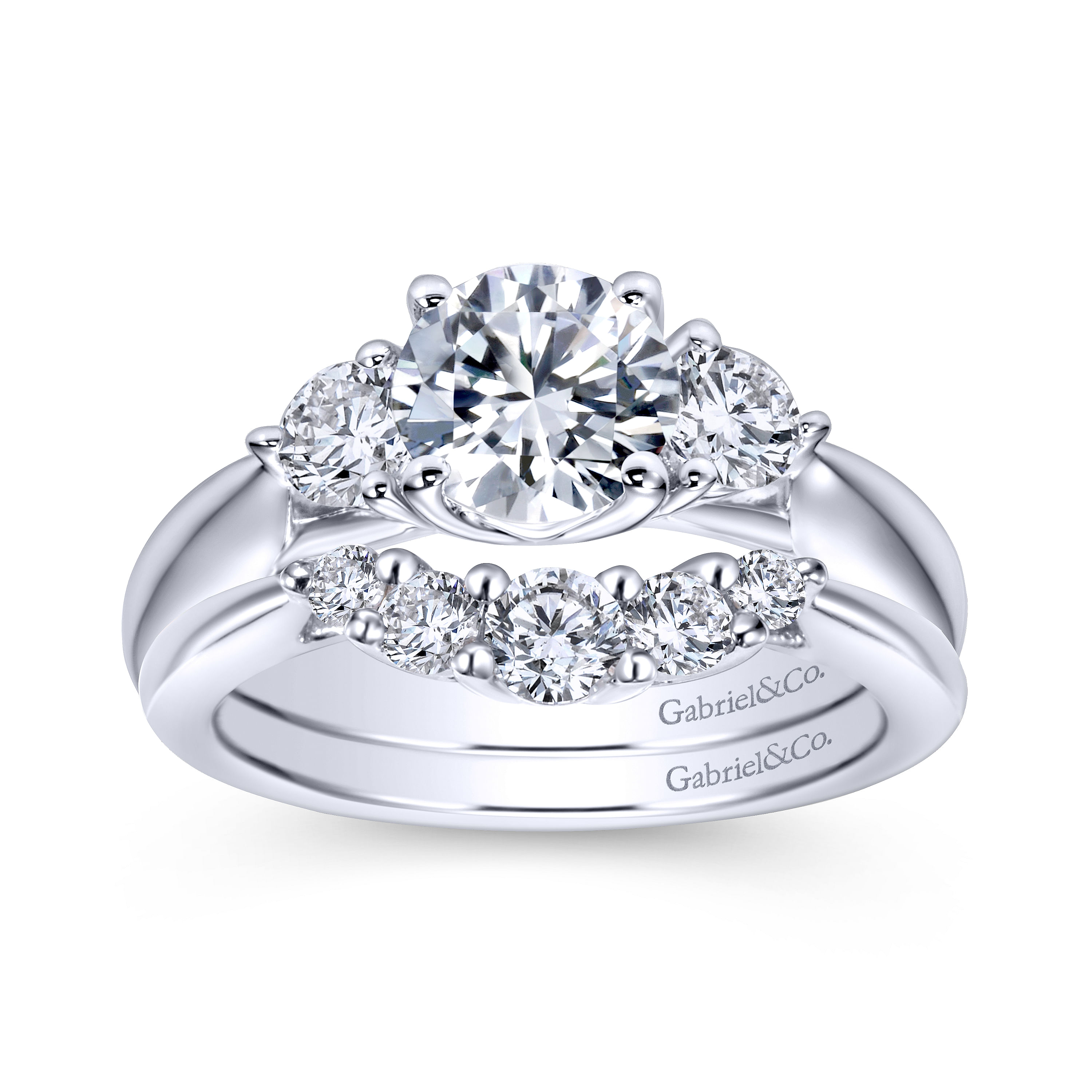 14k White Gold Round 3 Stones Engagement Ring angle 4 14k White Gold Round 3 Stones Engagement Ring angle 4