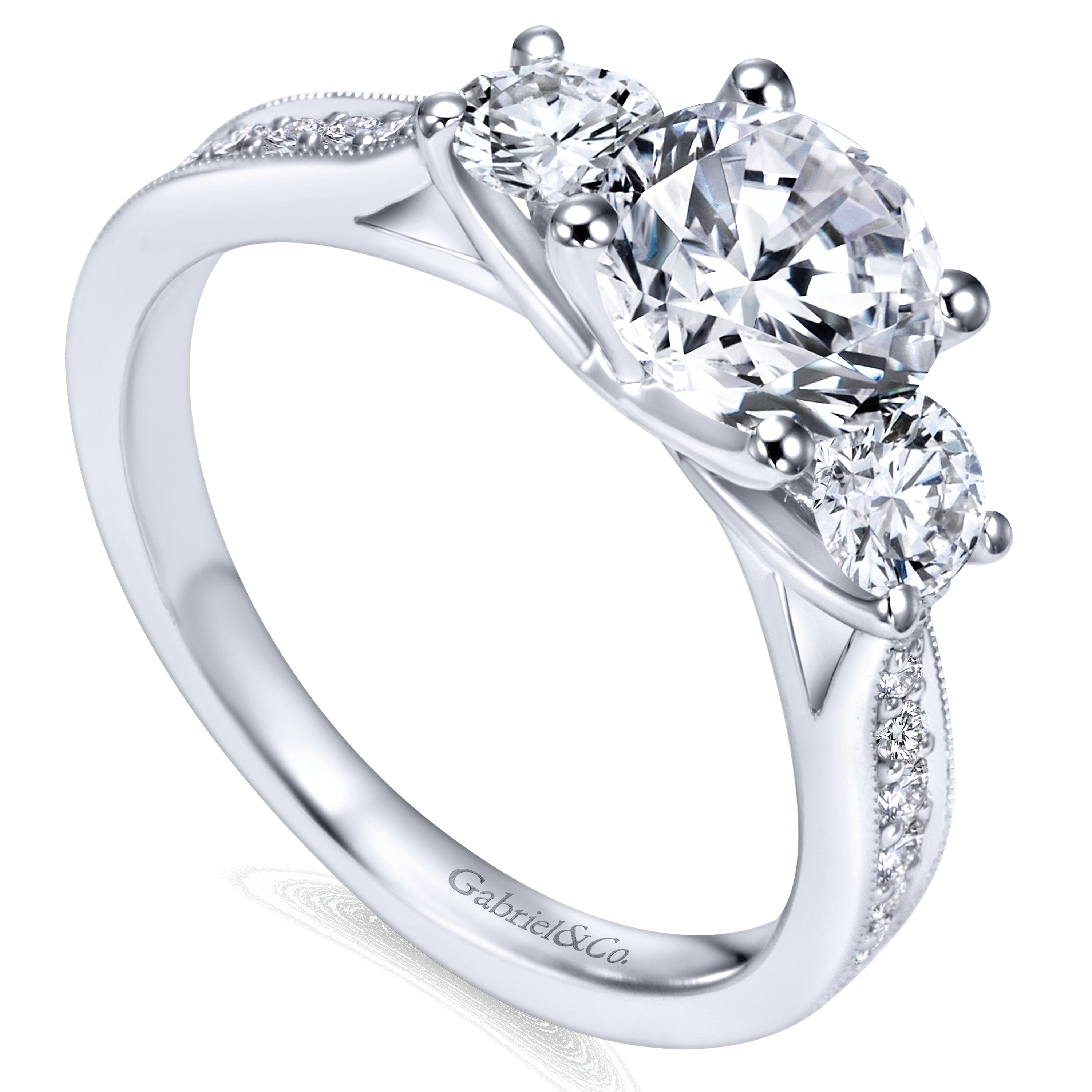 14k White Gold Round 3 Stones Engagement Ring angle 3 14k White Gold Round 3 Stones Engagement Ring angle 3