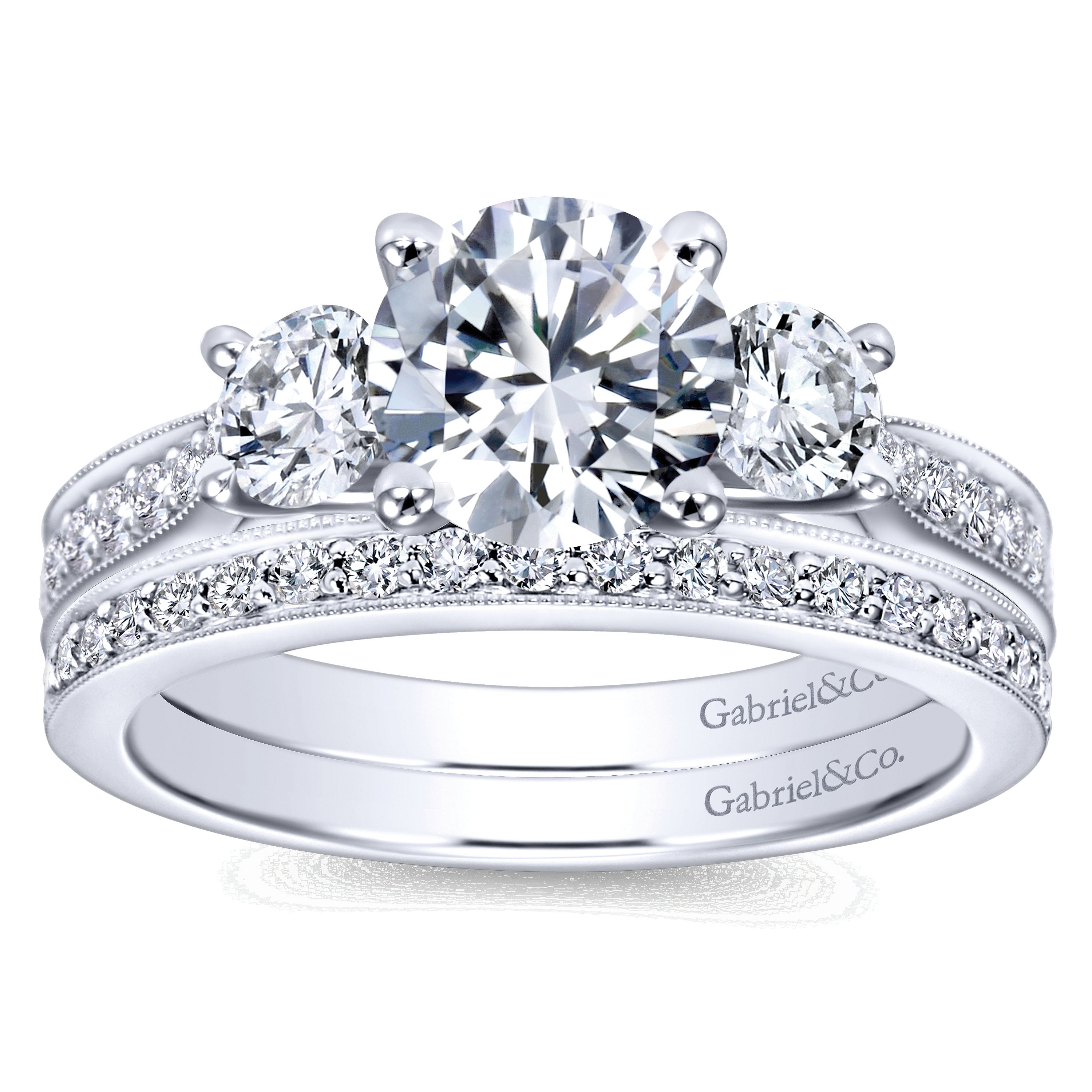 14k White Gold Round 3 Stones Engagement Ring angle 4 14k White Gold Round 3 Stones Engagement Ring angle 4