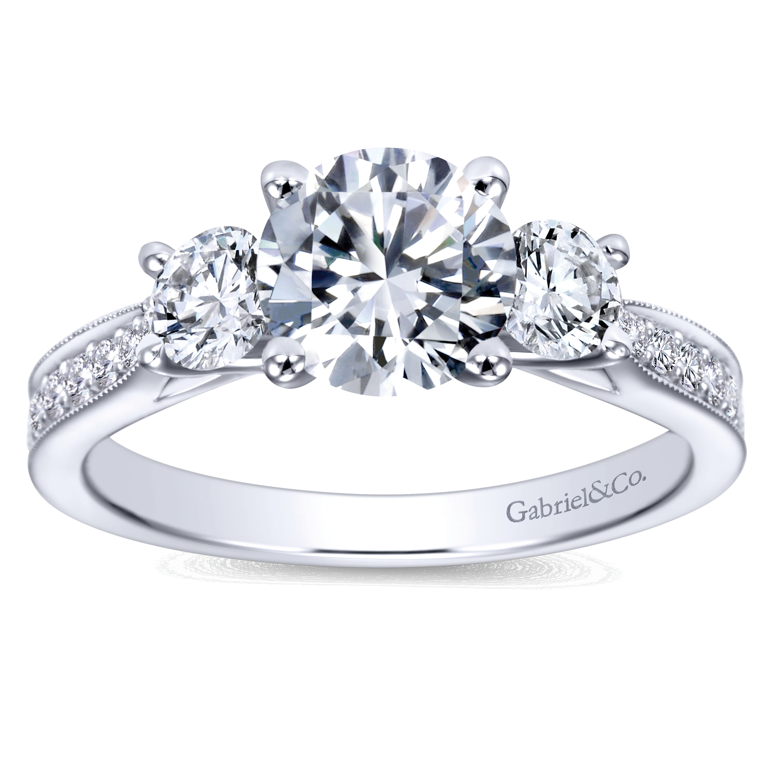 14k White Gold Round 3 Stones Engagement Ring angle 5 14k White Gold Round 3 Stones Engagement Ring angle 5