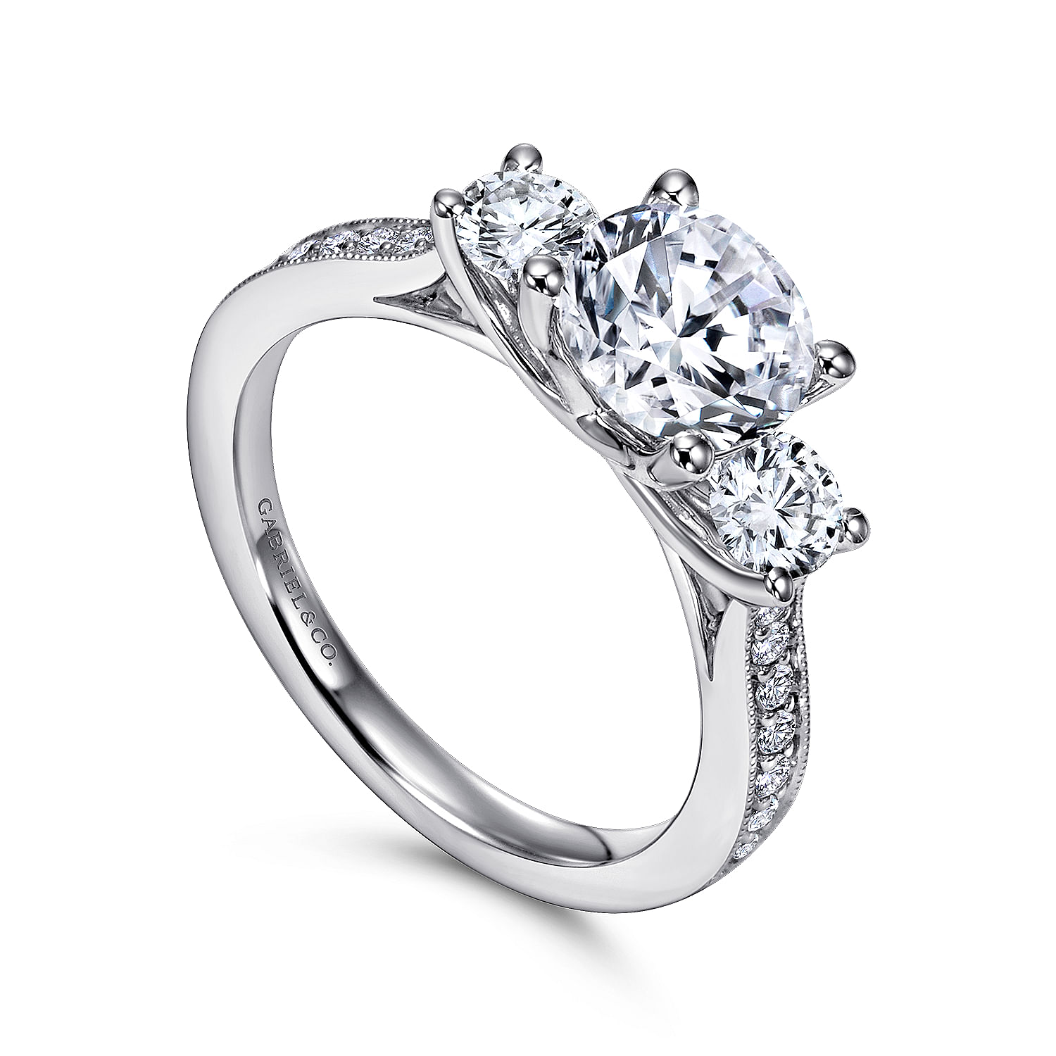 14k White Gold Round 3 Stones Engagement Ring angle 3 14k White Gold Round 3 Stones Engagement Ring angle 3