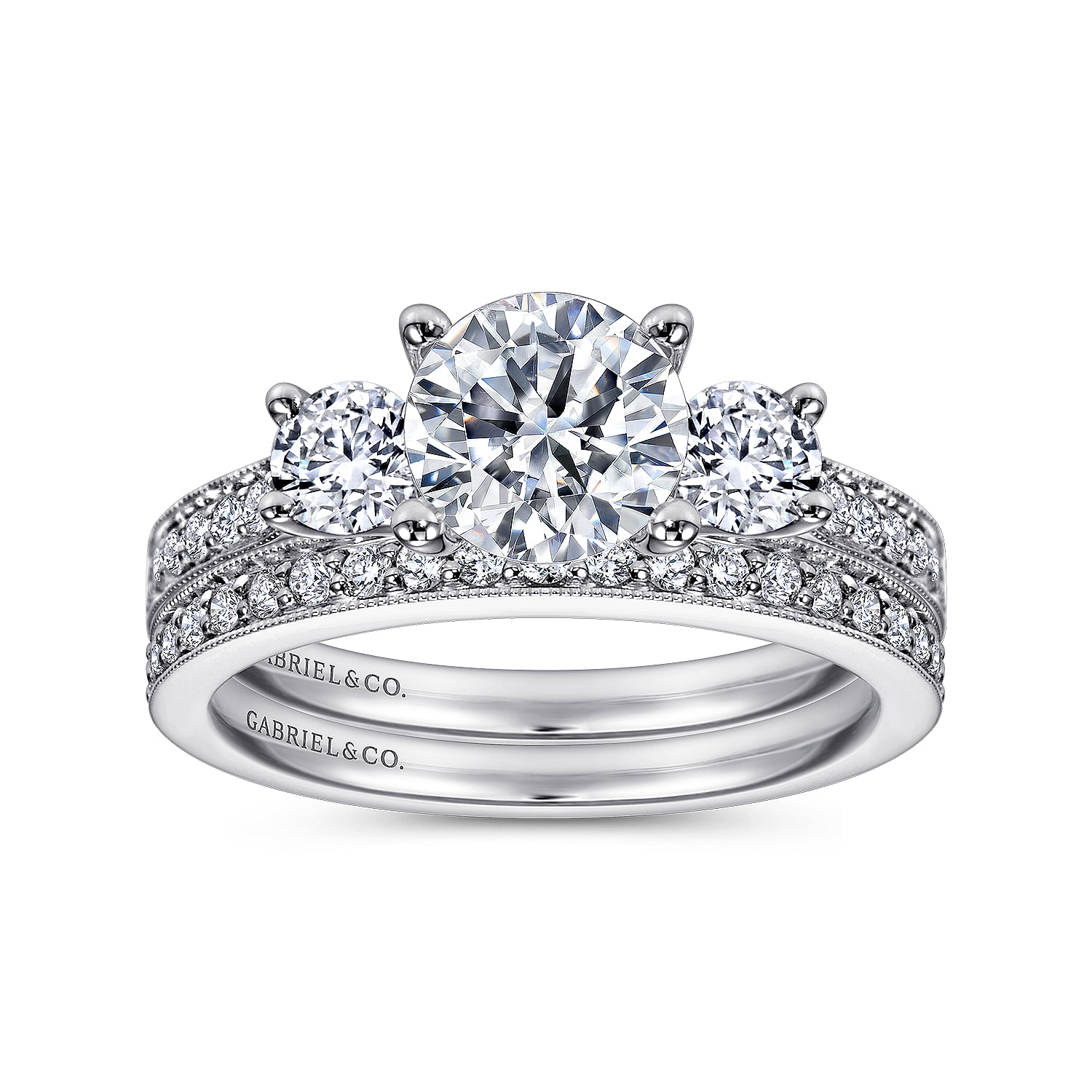 14k White Gold Round 3 Stones Engagement Ring angle 4 14k White Gold Round 3 Stones Engagement Ring angle 4