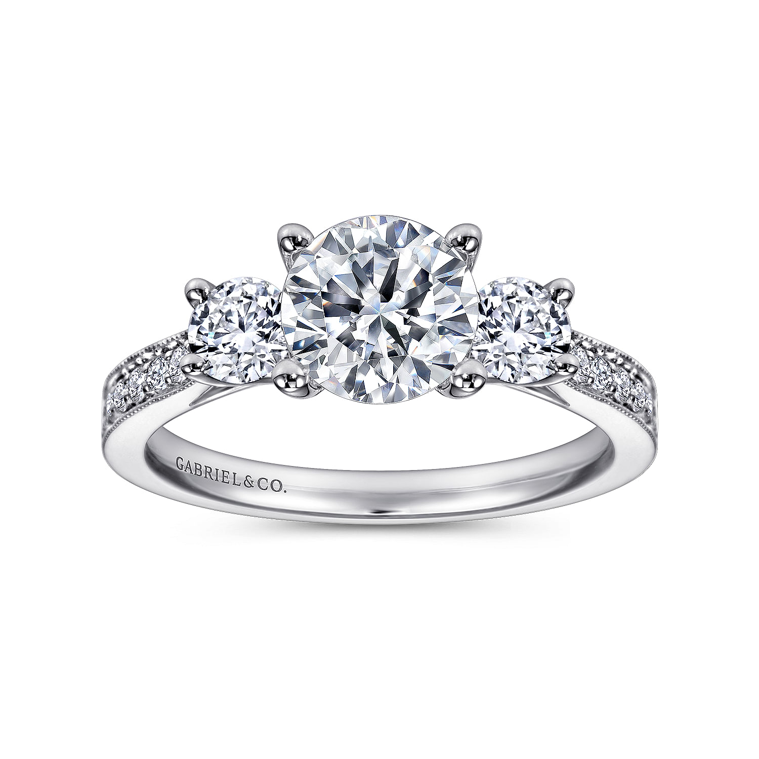 14k White Gold Round 3 Stones Engagement Ring angle 5 14k White Gold Round 3 Stones Engagement Ring angle 5