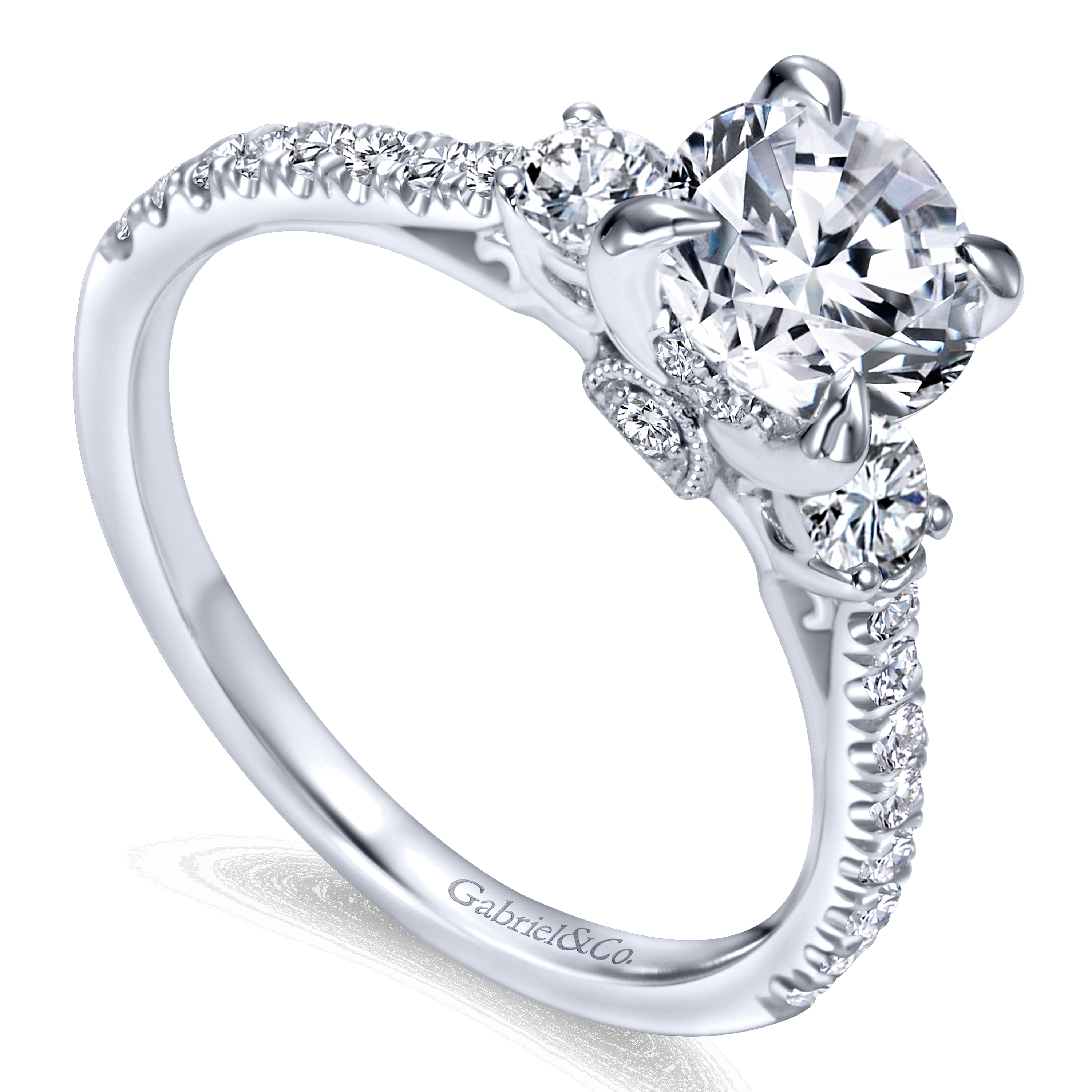 14k White Gold Round 3 Stones Engagement Ring | ER7477W44JJ