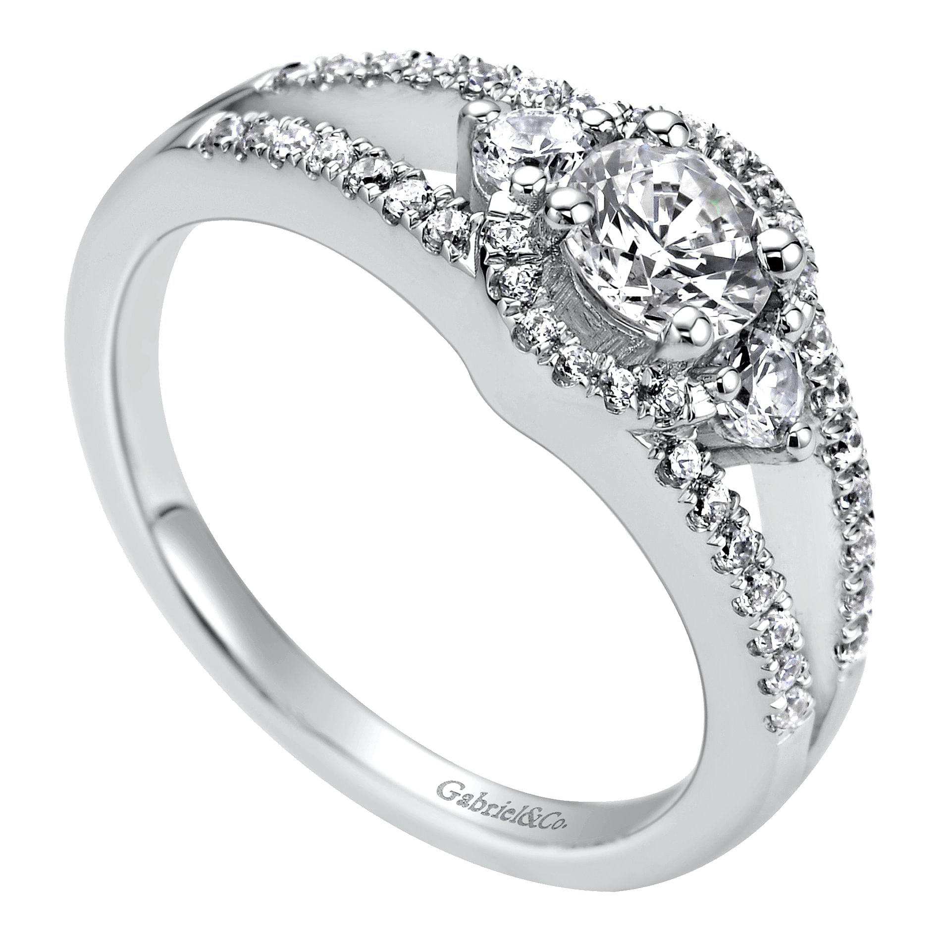 14k White Gold Round 3 Stones Engagement Ring angle 3 14k White Gold Round 3 Stones Engagement Ring angle 3