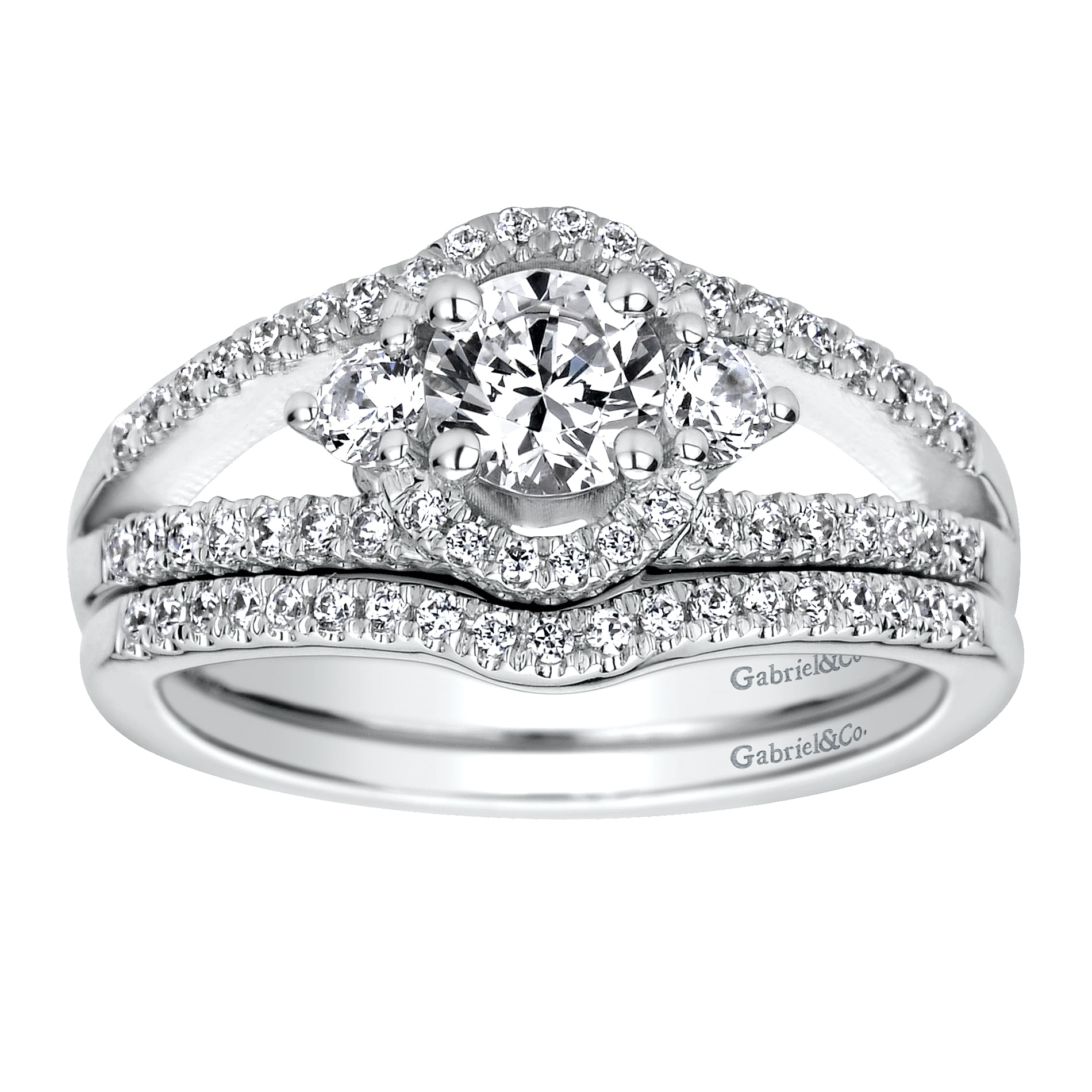 14k White Gold Round 3 Stones Engagement Ring angle 4 14k White Gold Round 3 Stones Engagement Ring angle 4