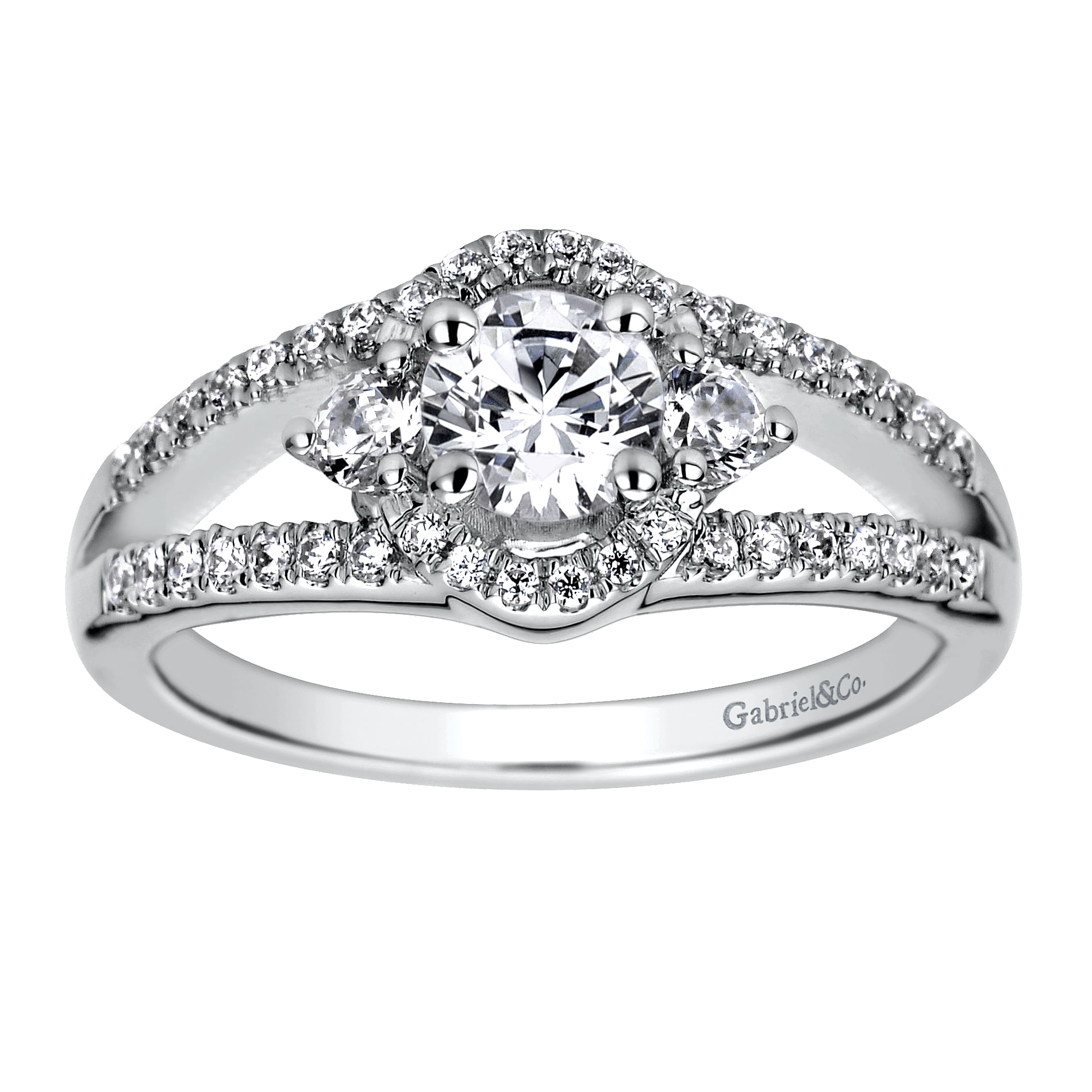 14k White Gold Round 3 Stones Engagement Ring angle 5 14k White Gold Round 3 Stones Engagement Ring angle 5